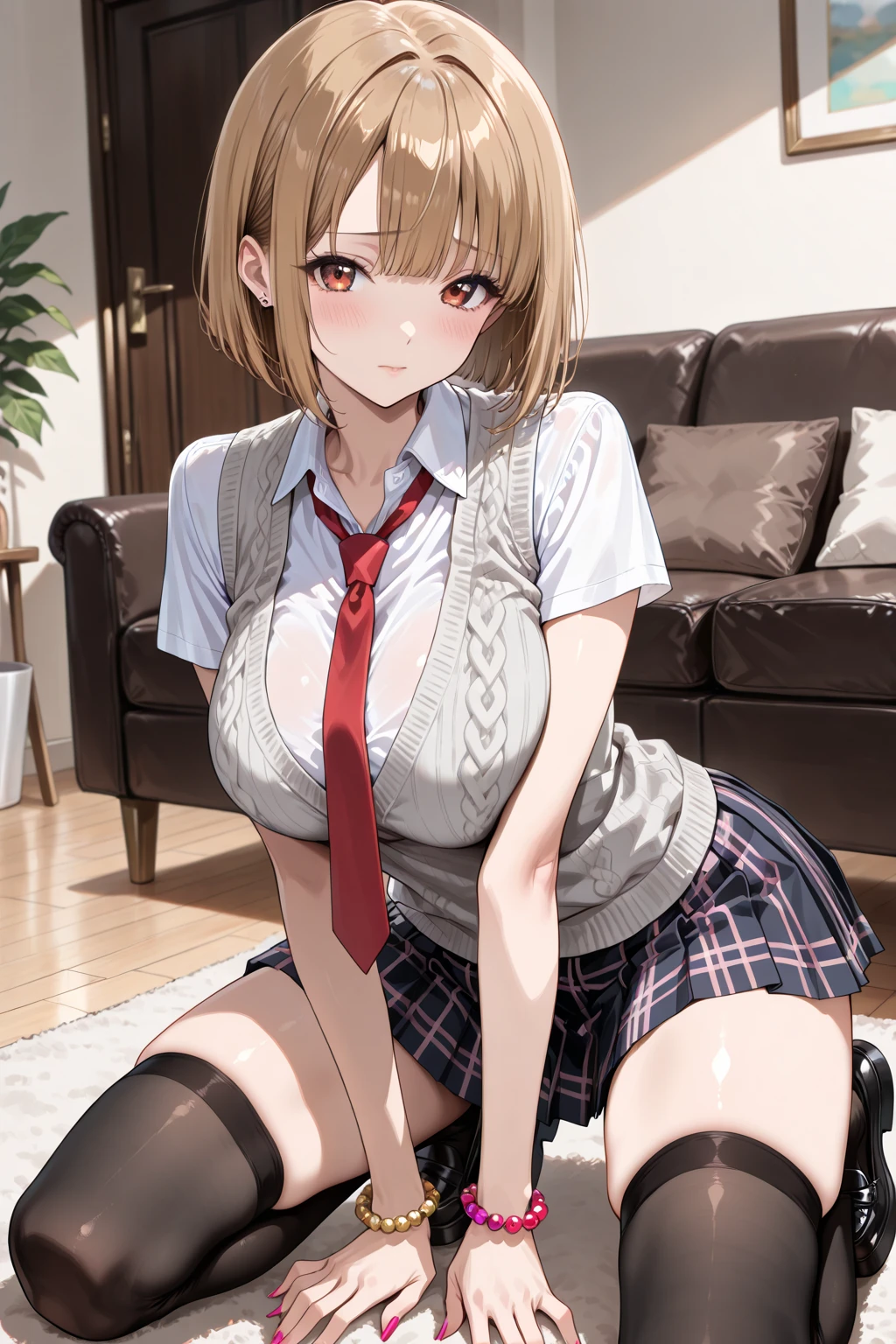 masutepiece, Best Quality, hight resolution, kitagawa marin, 1girl in, Blonde hair, Long hair, multicolored hair, Red Eyes, Jewelry, earrings, Piercing, School uniform, White shirt, Tied shirt, Black Choker, blue necktie, plaid skirts, Hands on hips, ,grin, Smile, Standing, Cowboy Shot, Outdoors, Dark blue high socks　majicMIX Real、(Raw photography:1.2)、(Photorealsitic:1.4)、The beauty of beautiful details　and delicate facial expressions、a blond、((Panties are visible))(Squatting panty shots)piercings　Lashes　beatiful detailed eyes、huge filesize、ultra-detailliert、hight resolution、Transcendent beauty　top-quality、​masterpiece、、(Japanese girls' high school uniform))、Very detailed expression　 Magnificent、finely detail、Highly detailed face movie lighting、A 23-year-old girl、front facing、((dynamicposes)))、(Sitting on legs with bent knees))、pleatedskirt、blazers、Sexy upper eyes、I'm smiling at you, 1girl, (realism: 1.4), (masterpiece, side light, delicate and detailed eyes: 1.2), portrait masterpiece, realism, 3D face, glowing eyes, shiny hair, sagging skin, solo, embarrassment, black lingerie, (belly), blonde, yushuxin, lying down, bed, (wet), flushing, medium breasts, condom, (heart pupil: 1.3), steam, direct vision, top-quality、masutepiece、1girl in、platinum-blonde、Bob Hair、Red ribbons、in one's underwear only、Pink lingerie、to close range、red blush、Kamimei、Staring at this、Cute anime illustration、tits out、lighting like a movie、top-quality、High school girl pulling her panties down to her thighs in a school classroom、Laugh、Nearly taking off your panties、ripped school uniform、（8K、Raw photography、top-quality、​masterpiece：1.2),(Spread your legs wide,Open your legs wide),(Long bob cut),watching at viewers,Looking at the front,Bullish,Erotic,Pupils,Light Blue Bra,de pele branca,kne,(Black pantyhose),absurderes,a small face,Parting the bangs from the middle、Forehead visible,(be shy,Tight eyes,glares,Bullish,skinny,Rasping,irate)、​masterpiece,top-quality、超A high resolution,Raw panties,ren
