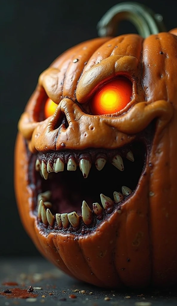 an evil sewn on leather face apple showing its sharp teeth facing a farmhouse doorstep in the early morning