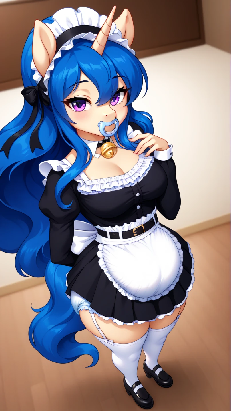 (My little pony), anthro, ((turquoise to white hair gradient)), white body, red eyes, medium breasts, red lips, perfect lines, beautiful quality, room, ((very shy pose)), ((maid costume)), mage hat, radiant light, white stockings, white panties under clothes, big ass, front view, white bra under clothes,