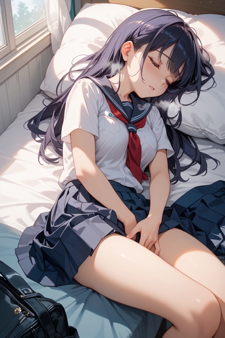 (masterpiece, best quality:1.5), (ultra detailed, high resolution, 8k, beautiful detailed, UHD, best anatomy), black hair, small breasts, 1 junior high school girl, barefoot, bed room, night,  flared skirt, short-sleeve  shirt, Red thin tie, closed eyes, put one's head on a pillow, Lying on the bed, side angle