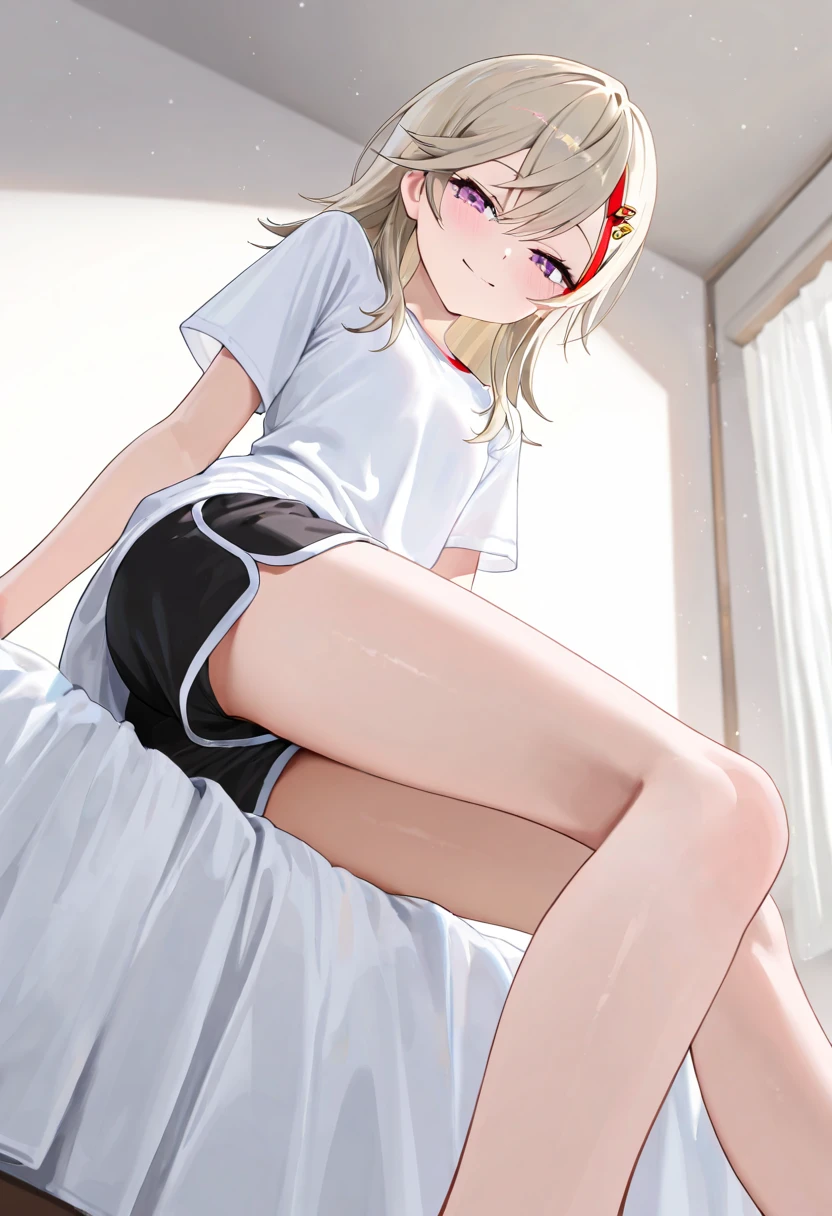 young japanese girl, loli, gyaru, tiny pajamas, petite body, skinny, flat breasts, thin legs, thin legs, separated thighs, thin waist, boarding school room, sweaty body, cinematic lighting