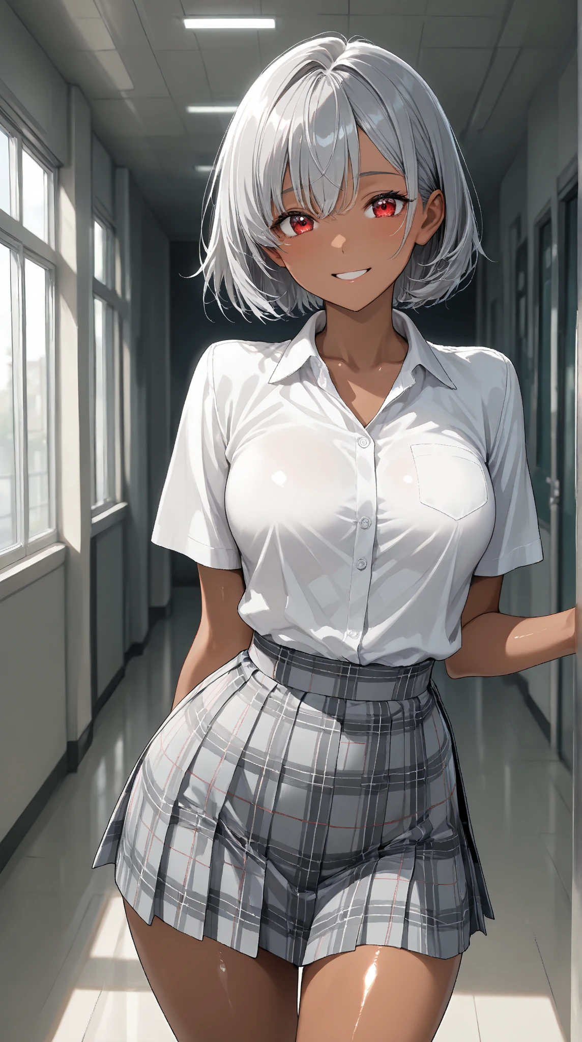 masutepiece,Best Quality,High resolution,Fine details,Realistic,Solo,Adult Woman,White hair,(White nurse),blush,Large breasts,Sweat,Oily skin,(Black underwear),(up skirt),Hospital,Frontal
