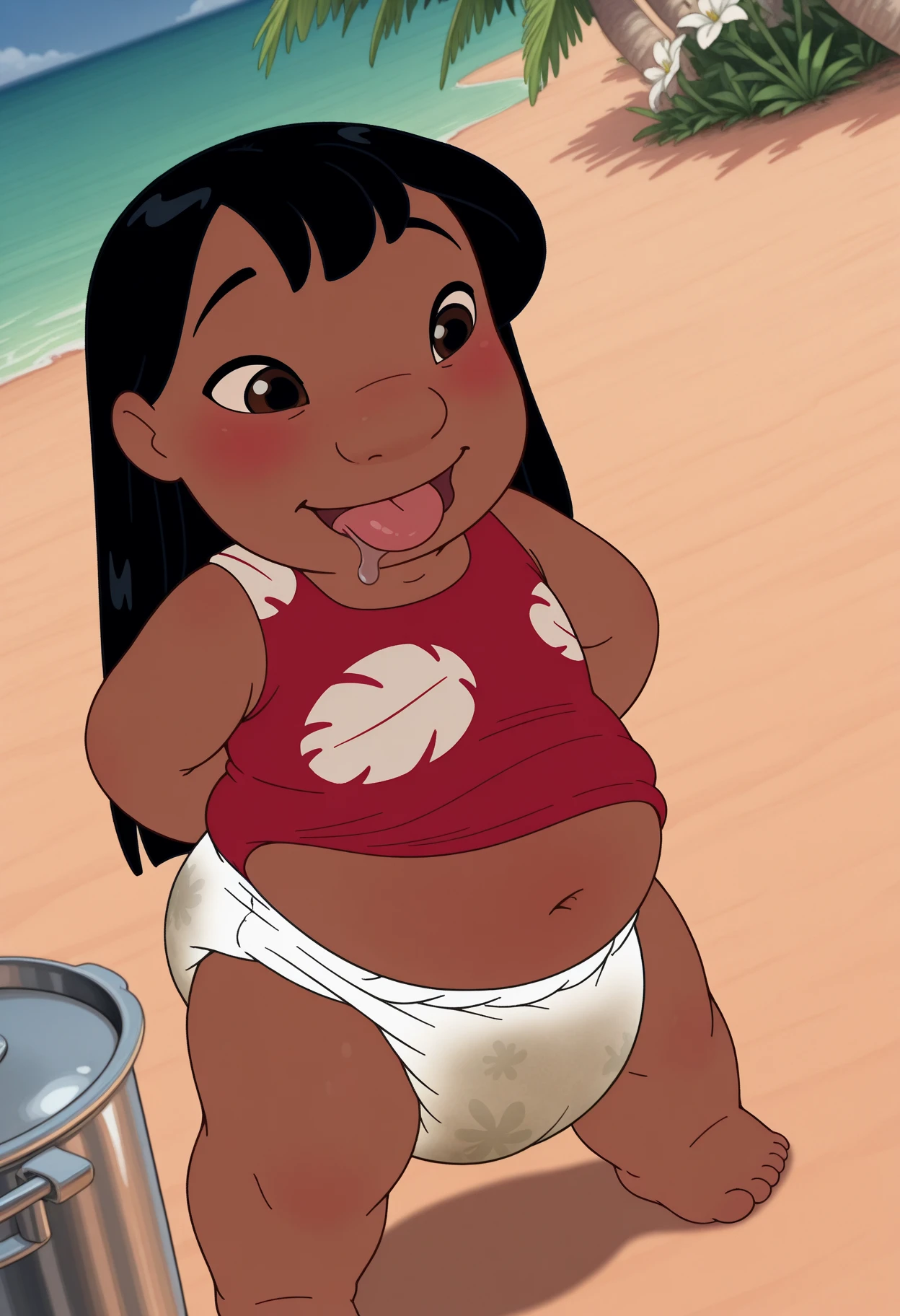 rating_explicit, lilo_pelekai, 1girl, solo, smile, full body, bikini , standing, standing on the beach, looking at viewer, score_9, score_8_up, score_7_up, score_6_up, score_5_up, score_4_up , milk in face , heart in eyes , ahegao face , milk in mouth , pose ,
