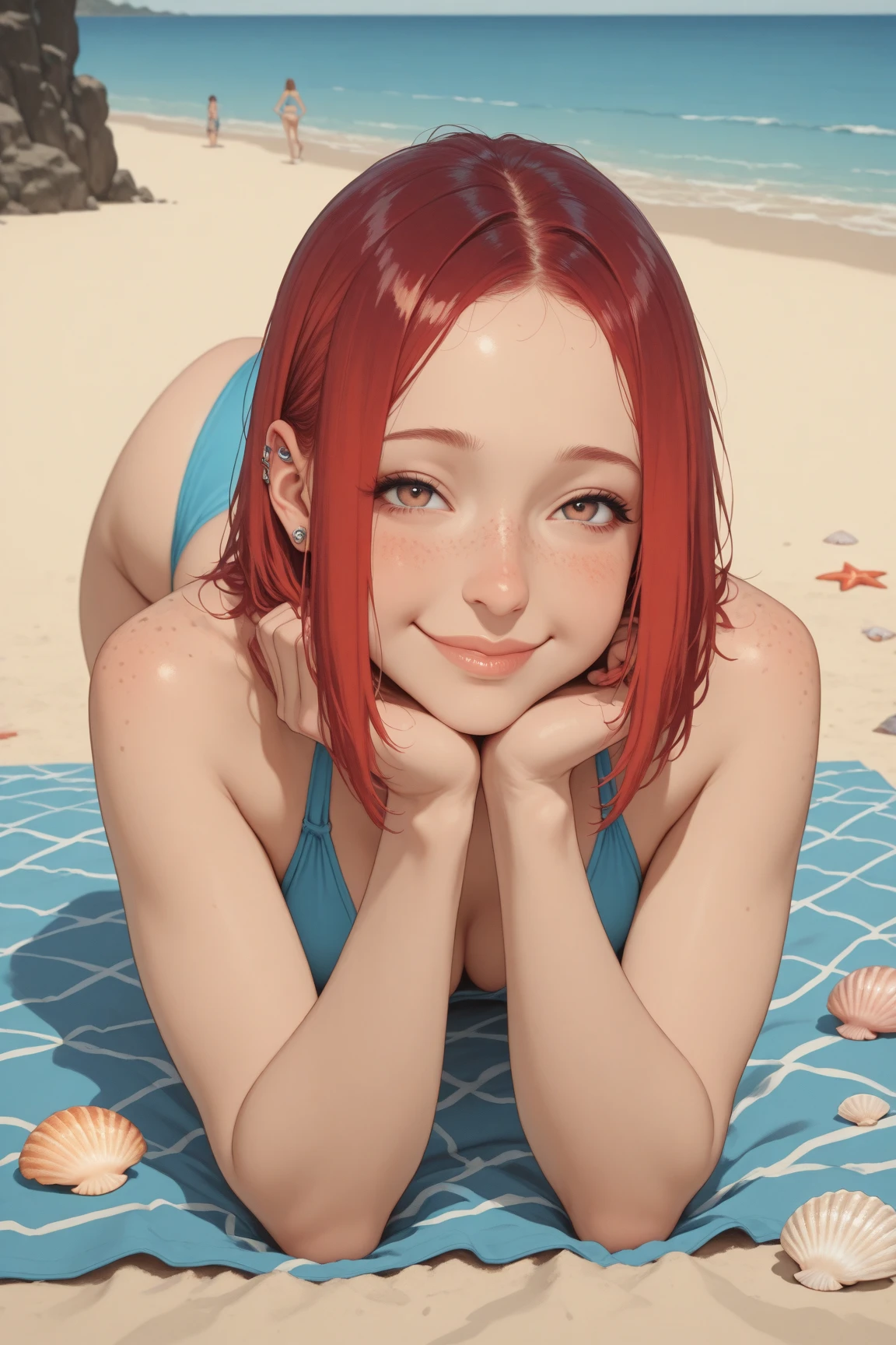 portrait of a girl in micro bikini,,sexy face ,face hebtai ,cute baby , undercut hair, happy, red hair, freckles, big breast,echada en la arena culo arriba ,mirando a la cámara   ,huge butt ,perfect hands ,perfectas piernas , perfectos pies ,