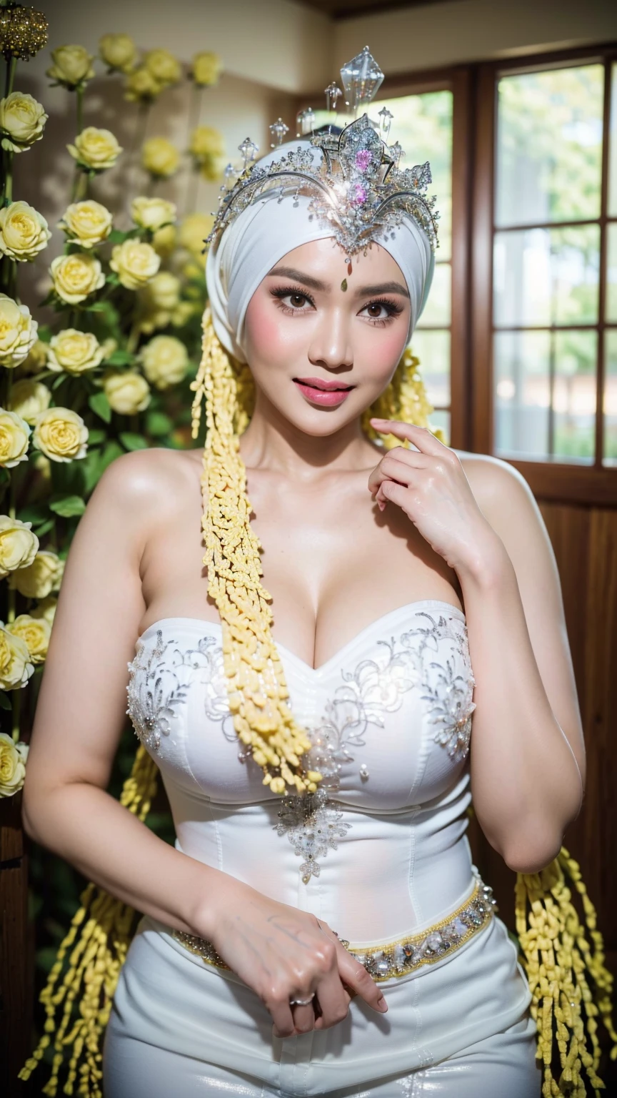 1 hijab girl , ((wearing plain hijab)), shy, medium portrait shot , lip glossy, horny face, medium rounded breast, cleavage cutout, breast out, slim body,wear java wedding woman in kebaya , luxurious necklace, bracelet, lipstick, makeup, grooming, eyelashes, flower garden background, bokeh background, proportional body, dynamic pose