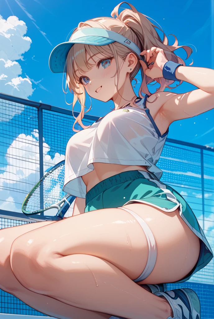 Anime girl in bikini with tennis racket in hand, hatsune miku short hair, Fubuki, Mikudayo, Ecchi anime style, Anime girl with teal hair, anime moe art style, small curvy loli, Smooth Anime CG Art, Rei Hiroe, Seductive Anime Girl, pixiv 3dcg, visual novel cg, Ecchi style