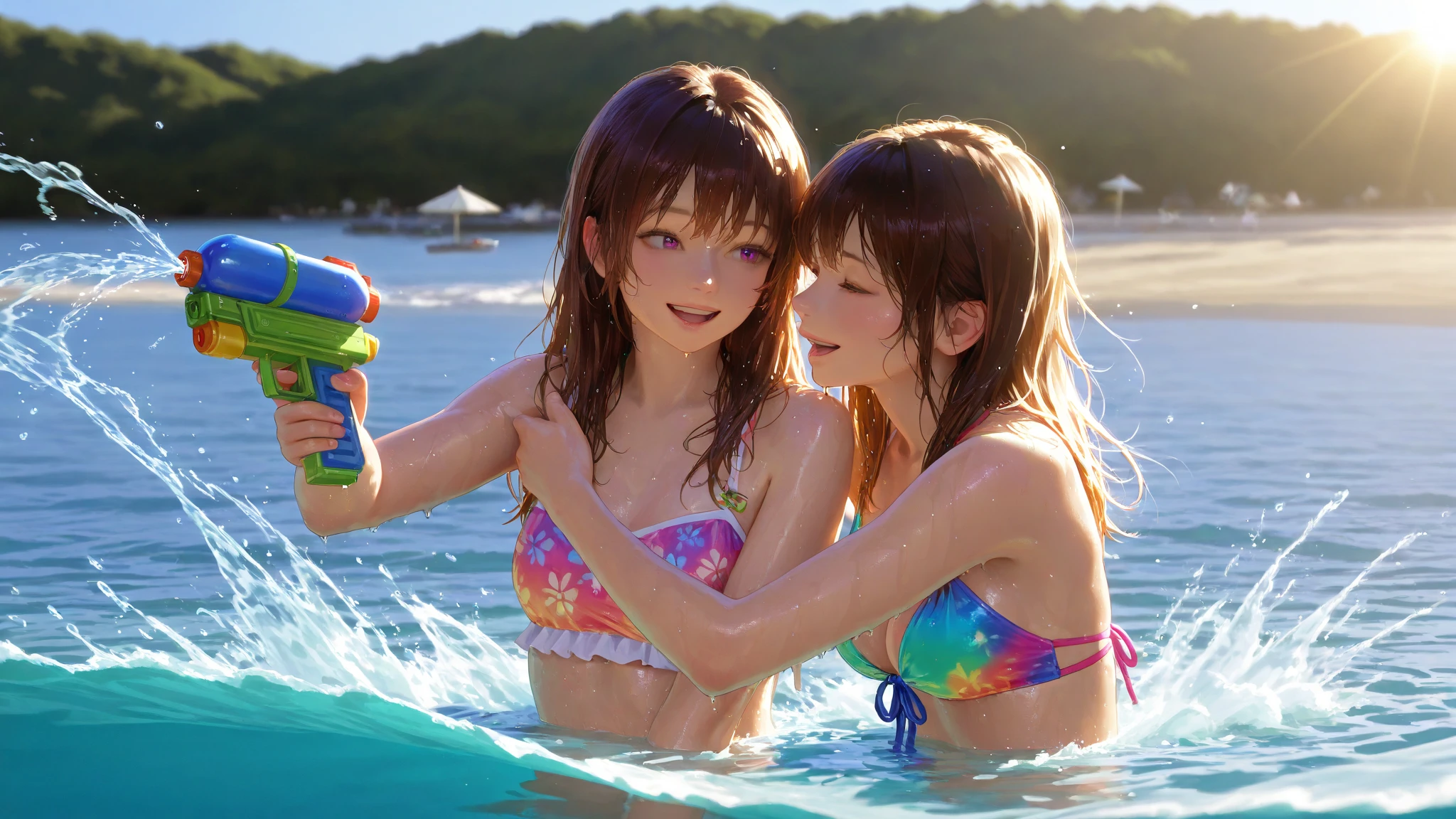 Anime Girls in bikinis on the beach with a blue sky, At the Beach, two beautiful Anime Girls, Naughty, Anime Girls, At the Beach, Naughty アニメ style, tits, At the Beach, Swimwear, Beeching, Realistic Bikini, 太陽が輝くAt the Beach, Lizalynn Stout、Claudia.Valent、titsを露出、