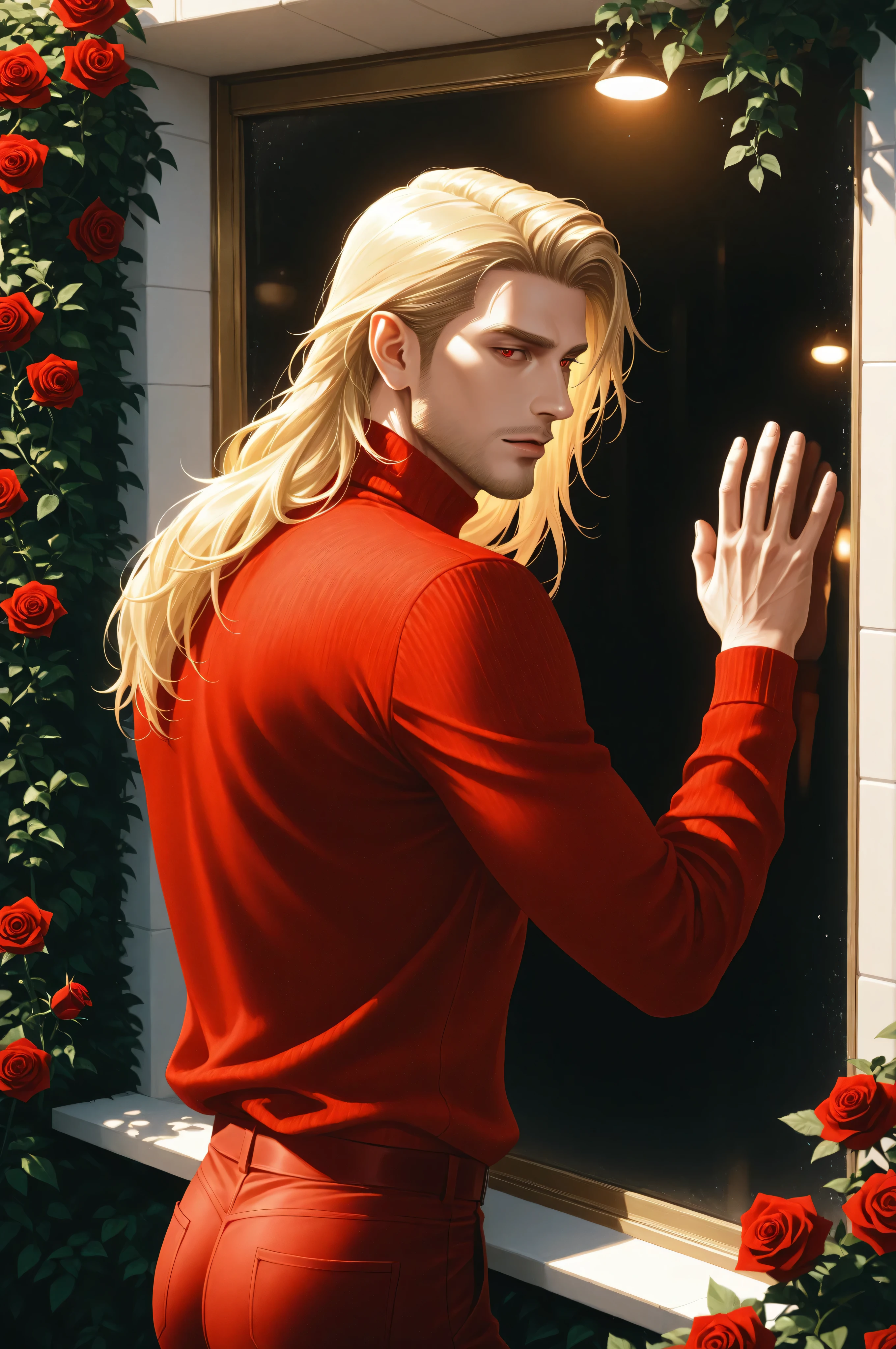 1boy, adult male, male focus, vampire male with very long soft golden blonde hair and red eyes, puffy lips, posing against window, wearing a red cashmere turtleneck sweater and red jeans, 1guy, solo, Rose Garden detailed background, realistic, golden hour lighting