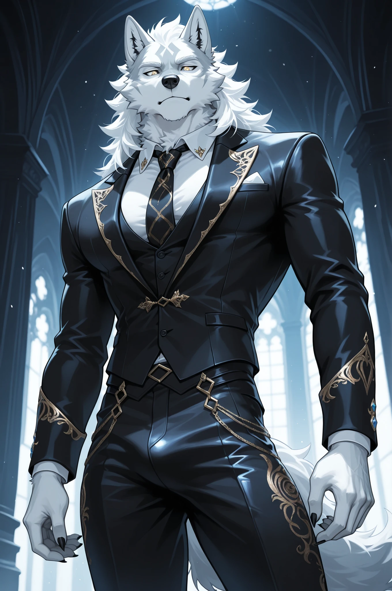 1guy, male Wolf anthro, long white hair, opulent suit, ornate pants, white fur, masterpiece, best quality, amazing quality, hyper-detailed, newest, very aesthetic