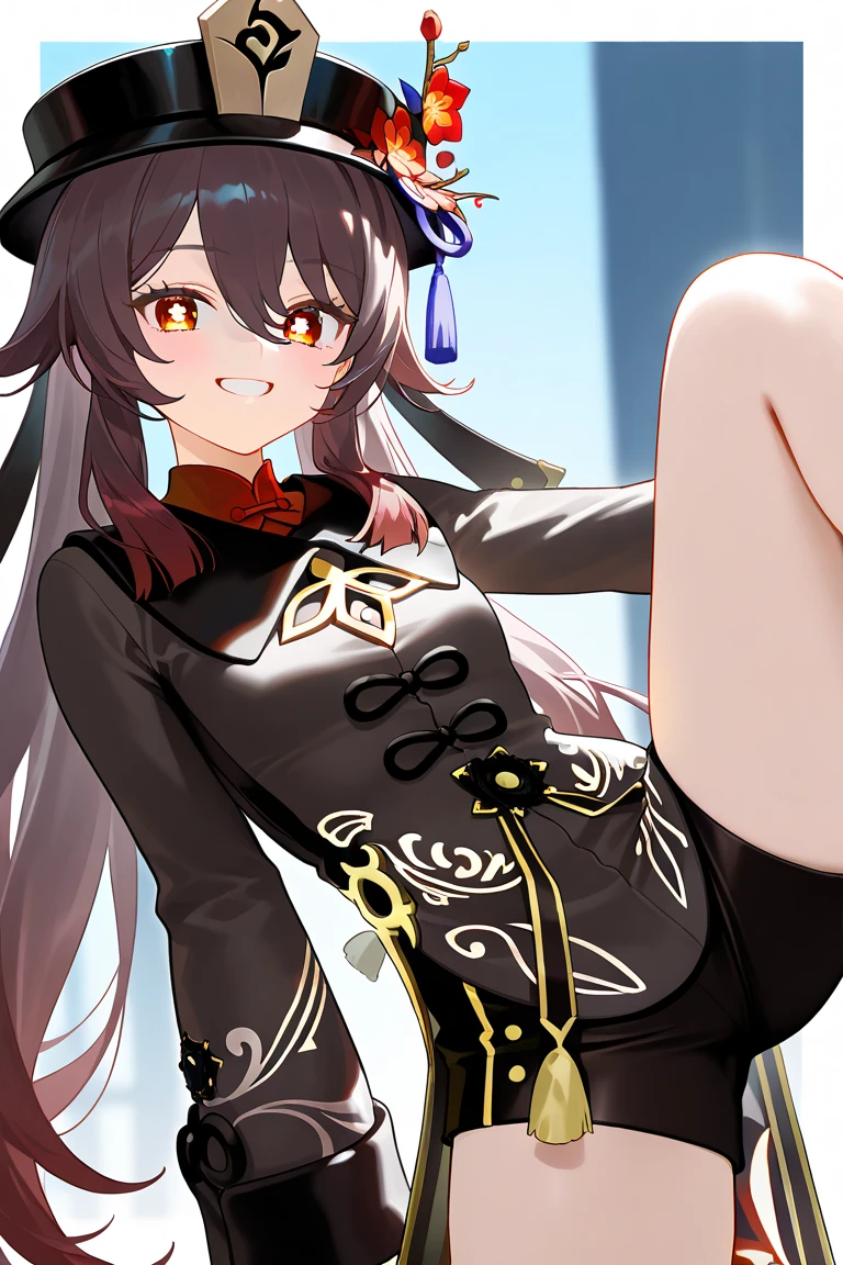 "Obtenha uma obra de arte sensacional com o personagem Hu Tao de Genshin Impact, emphasizing her seductive feet and thighs as she sits."
