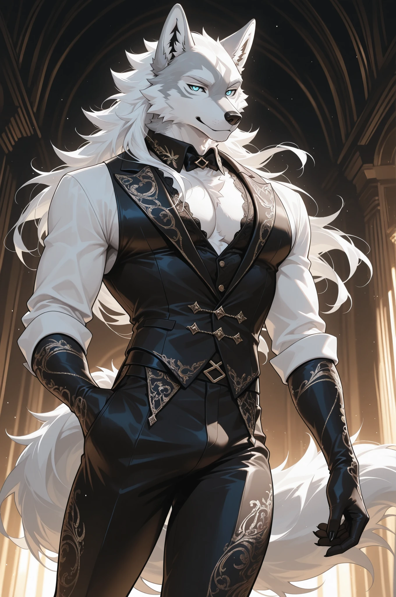 1guy, male Wolf anthro, long white hair, opulent suit, ornate pants, white fur, masterpiece, best quality, amazing quality, hyper-detailed, newest, very aesthetic