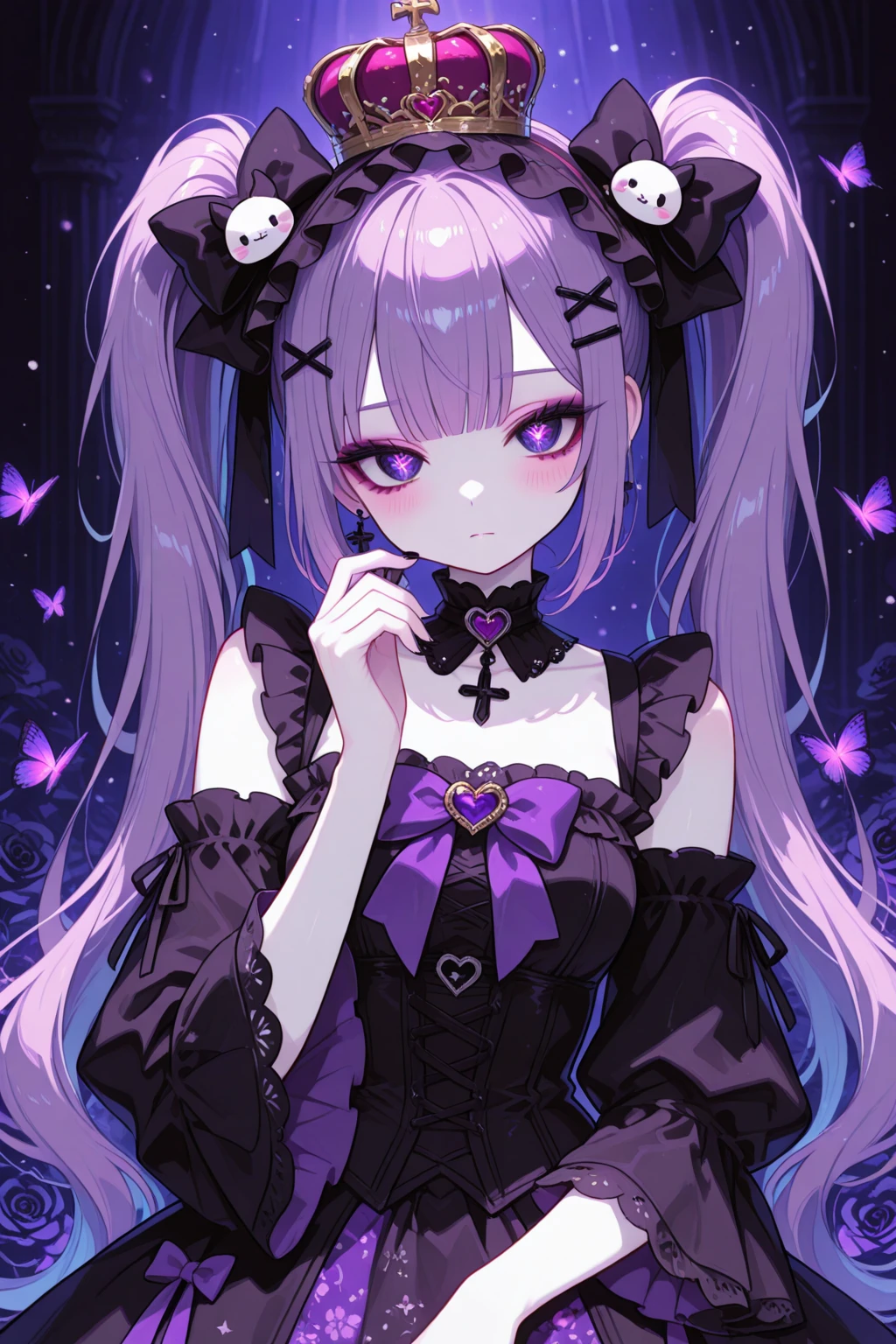 A long greyish purple hair mixed with greyish  om the lowered tips of her hair two long pigtails lowered down with 4 strands of hair on her face with pink small, gentle, pretty eyes, Purple corset with a black collar and black necklace connected to each other, Black skirt with black unconnected sleeves, black eye patch, two black ribbons on each braided middle hair hanging on each side of her chest  girl anime girl