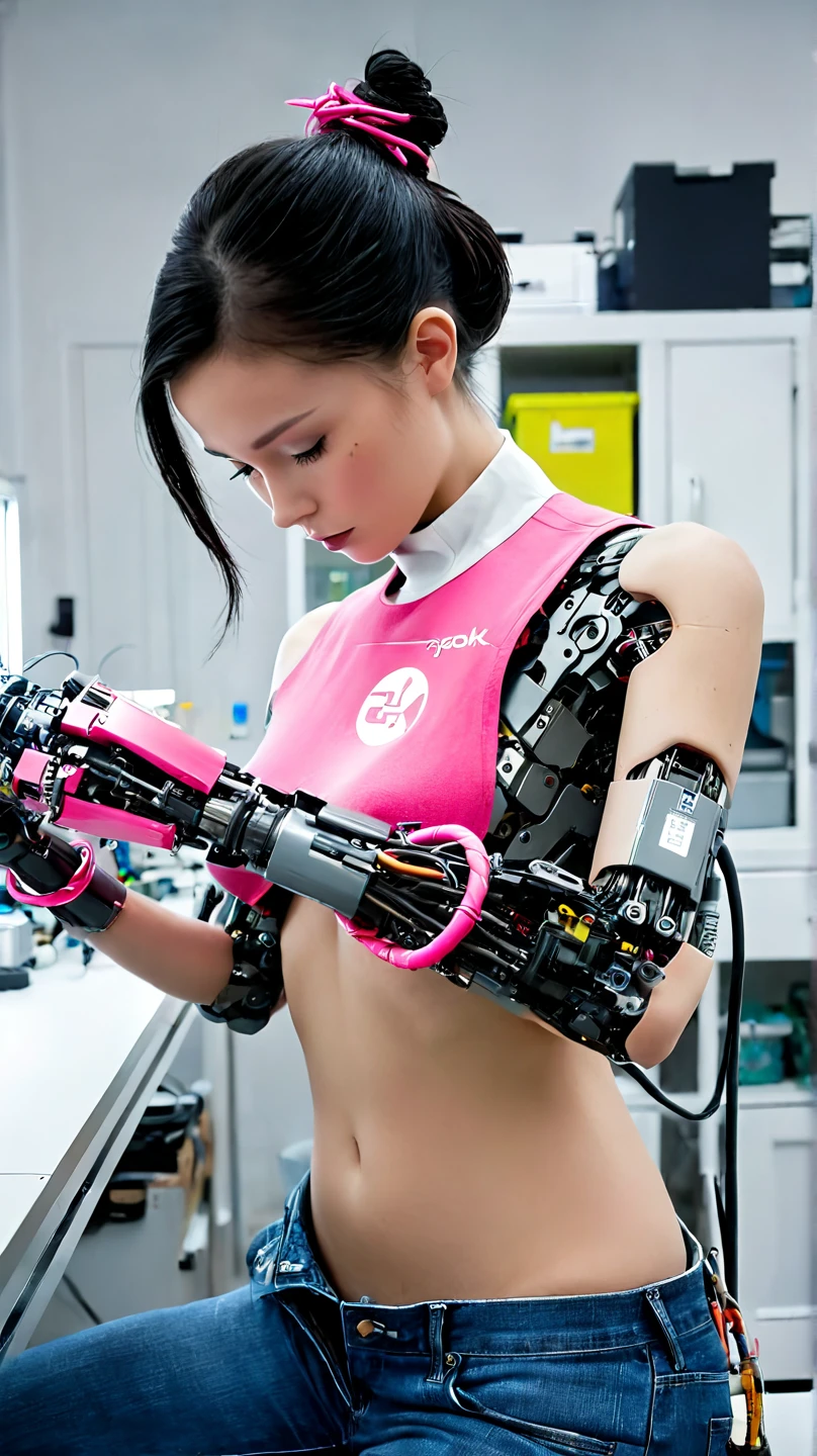 (1girl:1.2), masterpiece, best quality, best detail, best proportion, best anatomy, best face, blush, best shaped breasts, very big breasts, (very short black hair) ((14 year old japanese lowteen):1.3), ((full body shot):0.9), view from side, (hostage girl), ((prosthetic limbs):1.4), ((prosthetic girl):1.0), (nsfw:1.1) , (full nude:1.5), cameltoe, loose a competition, sadly, tears, blush, trackfield(background), (spread her legs wide), wet,