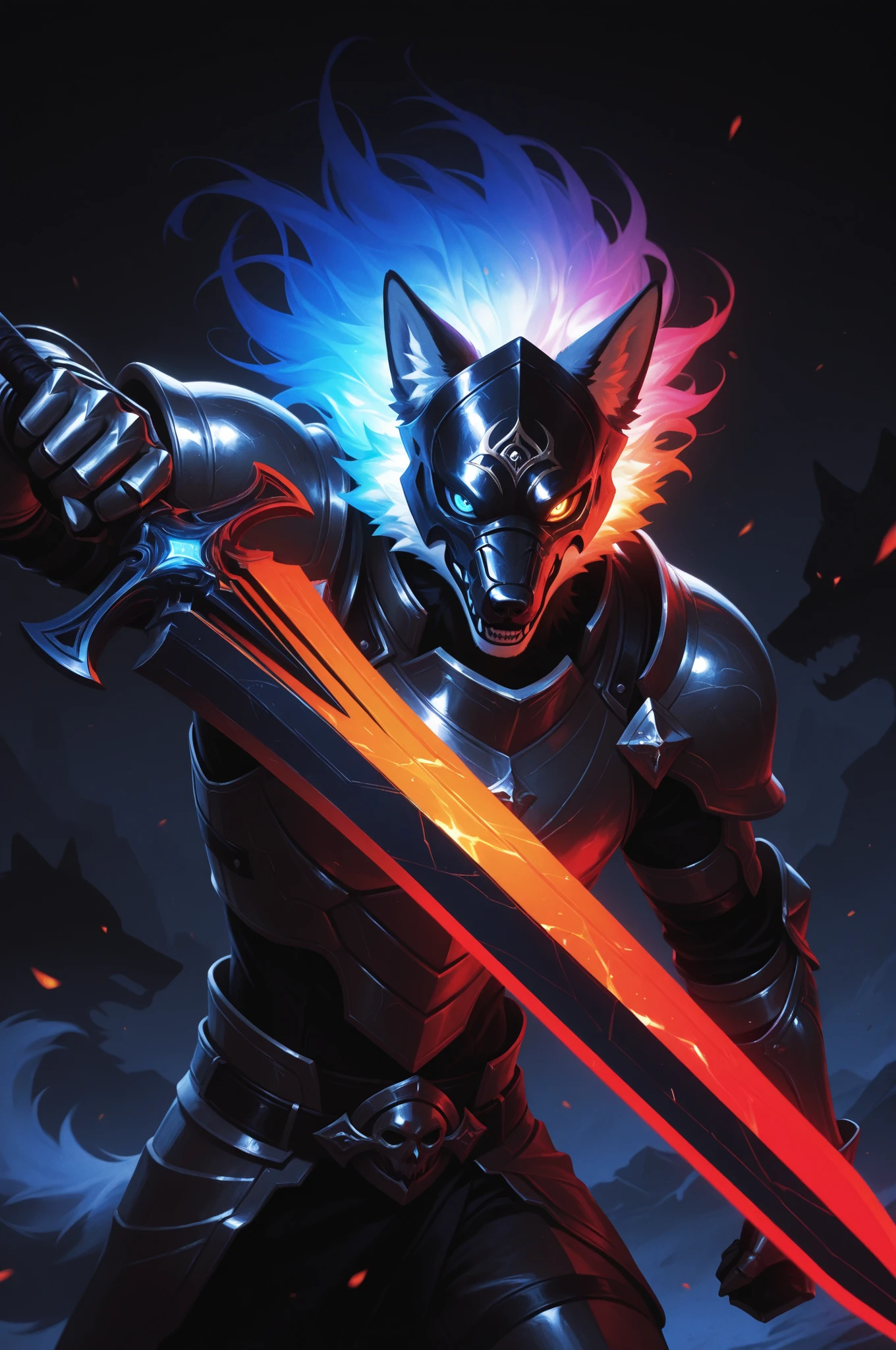 masterpiece, best_quality, amazing quality, newest, add detail, sharp focus, no lineart, 
photorealistic, gradation grading, color contrast, impressionism,  muted colors palette, surrealism.
focused subject, close up, 1boy, male, anthro, furry, wolf, white fur, blue eyes, demon face mask, solo, armor, gauntlets, gradient, glowing hair, looking at the viewer, neon color palette, holding neon weapon, huge weapon, eerie, ghost in armor,
simple dark background, dynamic lighting, shadows, silhouette,
suspense and dark theme.
shoot from side, 
dynamic composition, dynamic angle.