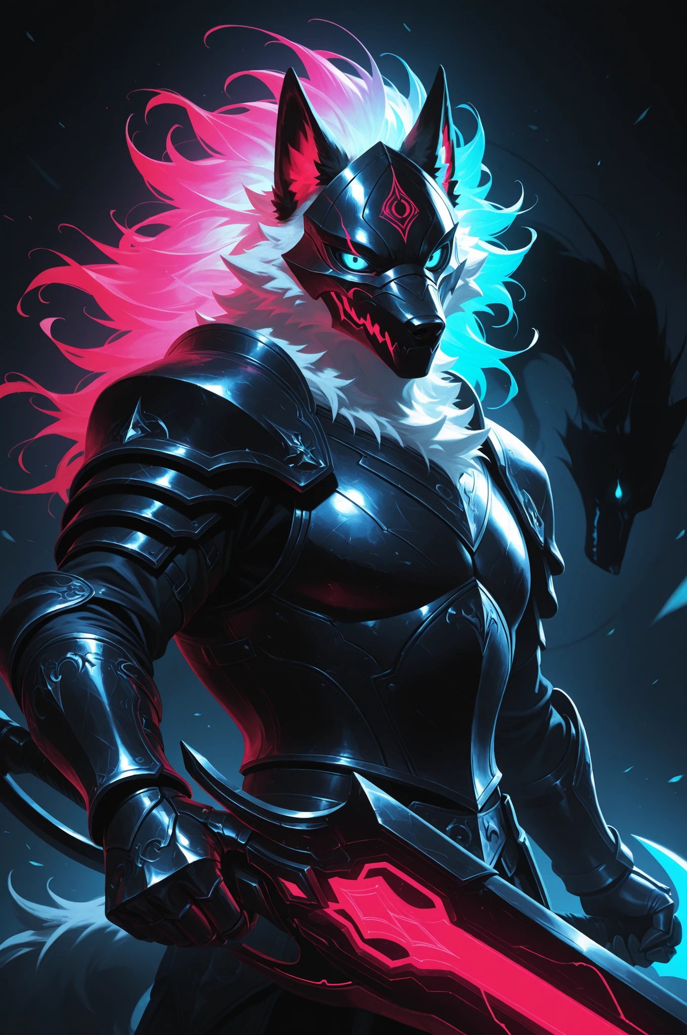 masterpiece, best_quality, amazing quality, newest, add detail, sharp focus, no lineart,
photorealistic, gradation grading, color contrast, impressionism, muted colors palette, surrealism.
focused subject, close up, 1boy, male, anthro, furry, wolf, white fur, blue eyes, demon face mask, solo, armor, gauntlets, gradient, glowing hair, looking at the viewer, neon color palette, holding neon weapon, huge weapon, eerie, ghost in armor,
simple dark background, dynamic lighting, shadows, silhouette,
suspense and dark theme.
shoot from side,
dynamic composition, dynamic angle.