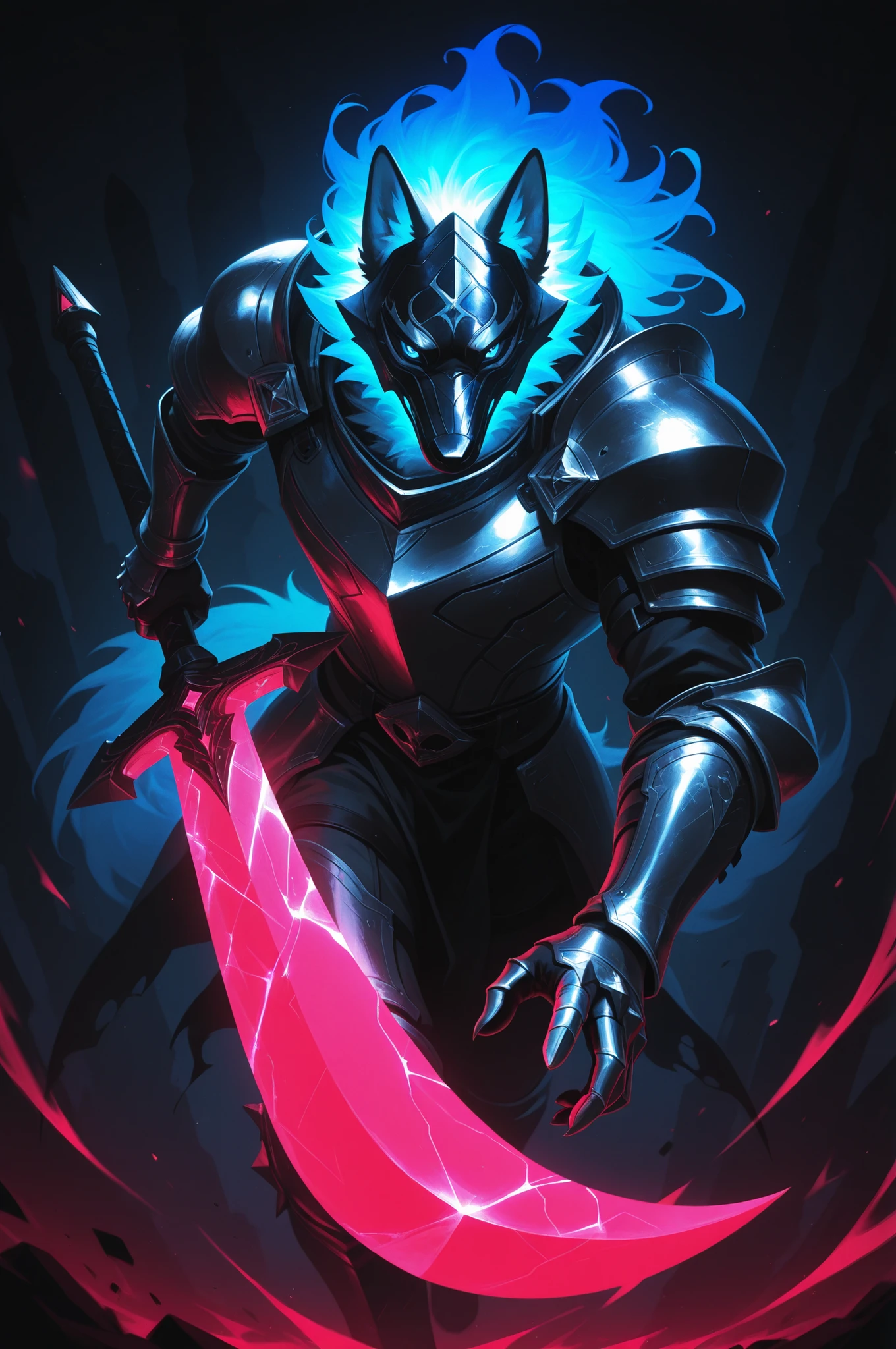masterpiece, best_quality, amazing quality, newest, add detail, sharp focus, no lineart,
photorealistic, gradation grading, color contrast, impressionism, muted colors palette, surrealism.
focused subject, close up, 1boy, male, anthro, furry, wolf, white fur, blue eyes, demon face mask, solo, armor, gauntlets, gradient, glowing hair, looking at the viewer, neon color palette, holding neon weapon, huge weapon, eerie, ghost in armor,
simple dark background, dynamic lighting, shadows, silhouette,
suspense and dark theme.
shoot from side,
dynamic composition, dynamic angle.