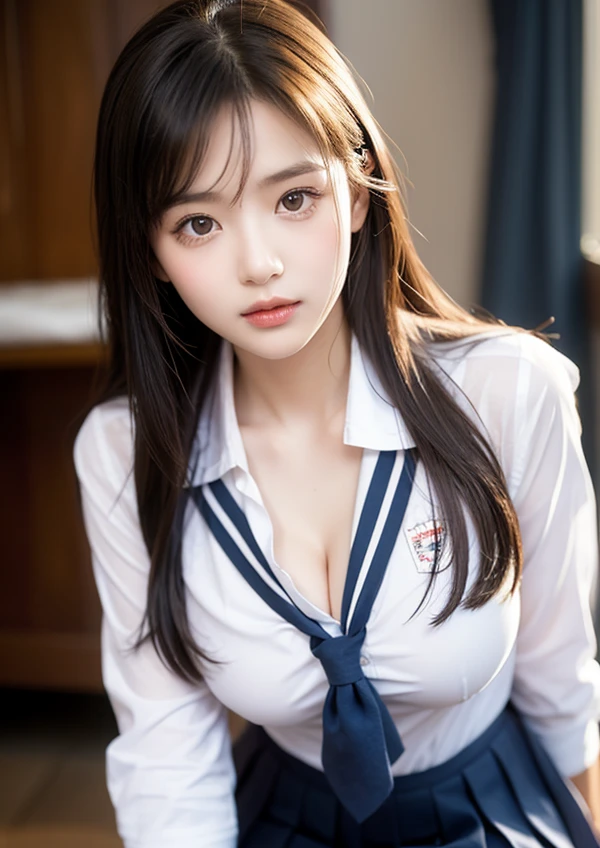 (1young girls), (extremely detailed beautiful face), Amazing face and eyes, (Best Quality:1.4), (Ultra-detailed), (extremely detailed CG unified 8k wallpaper), Highly detailed, huge tit、cleavage of the breast、High-definition raw color photos, Professional Photography, Realistic portrait, Amazing face and eyes, Pink eyes, (High School Uniform, Pleated mini-skirt:1.3), (High school uniform with wide open chest:1.4), Twin-tailed, Brown hair, (((Bokeh))), depth of fields, School, crass room, (Squatting:1.2), (Sheer lace panties:1.2), View from below