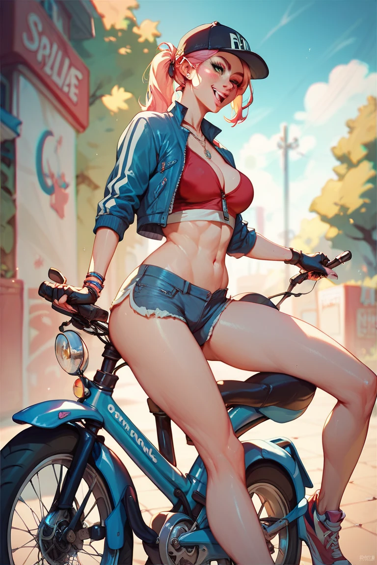 Beautiful smiling woman in bikini riding a motorbike through a puddle, (rainbow splashes, huge splashes: 2.0), (motion blur effect: 1.5), finely detailed skin, detailed eyes and lips, finely detailed wet hair, highly detailed, ultra-realistic, 8k, photorealistic, masterpiece, studio lighting, vibrant colors, dynamic motion blur, volumetric lighting, caustics, wet shiny surfaces, dramatic cinematic lighting, rainbow highlights