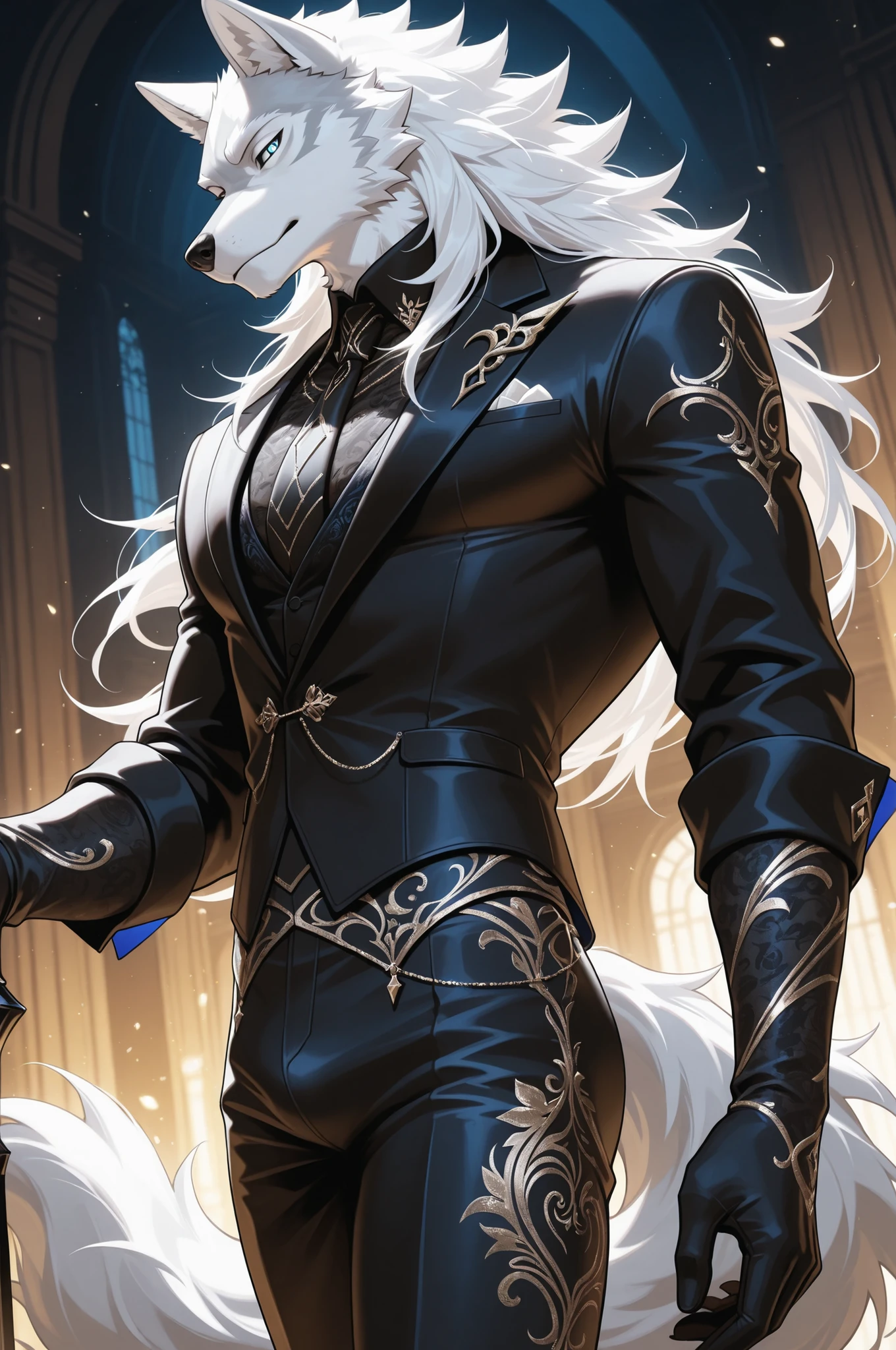 1guy,  male Wolf anthro, long white hair, opulent suit, ornate pants, white fur, masterpiece, best quality, amazing quality, hyper-detailed, newest, very aesthetic