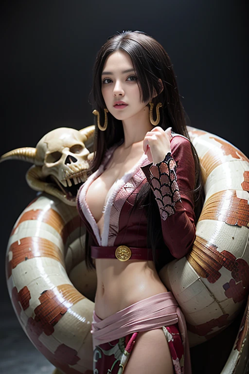 (((masterpiece+best quality+high resolution+ultra-detailed))), boa hancock, long silky black hair, high nose, sharp eyes, noble and inviolable temperament, (([female]: 1.2 + [beauty]: 1.2 + black long hair: 1.2)), snake_skull background, bright eyes, dynamic angle and posture.