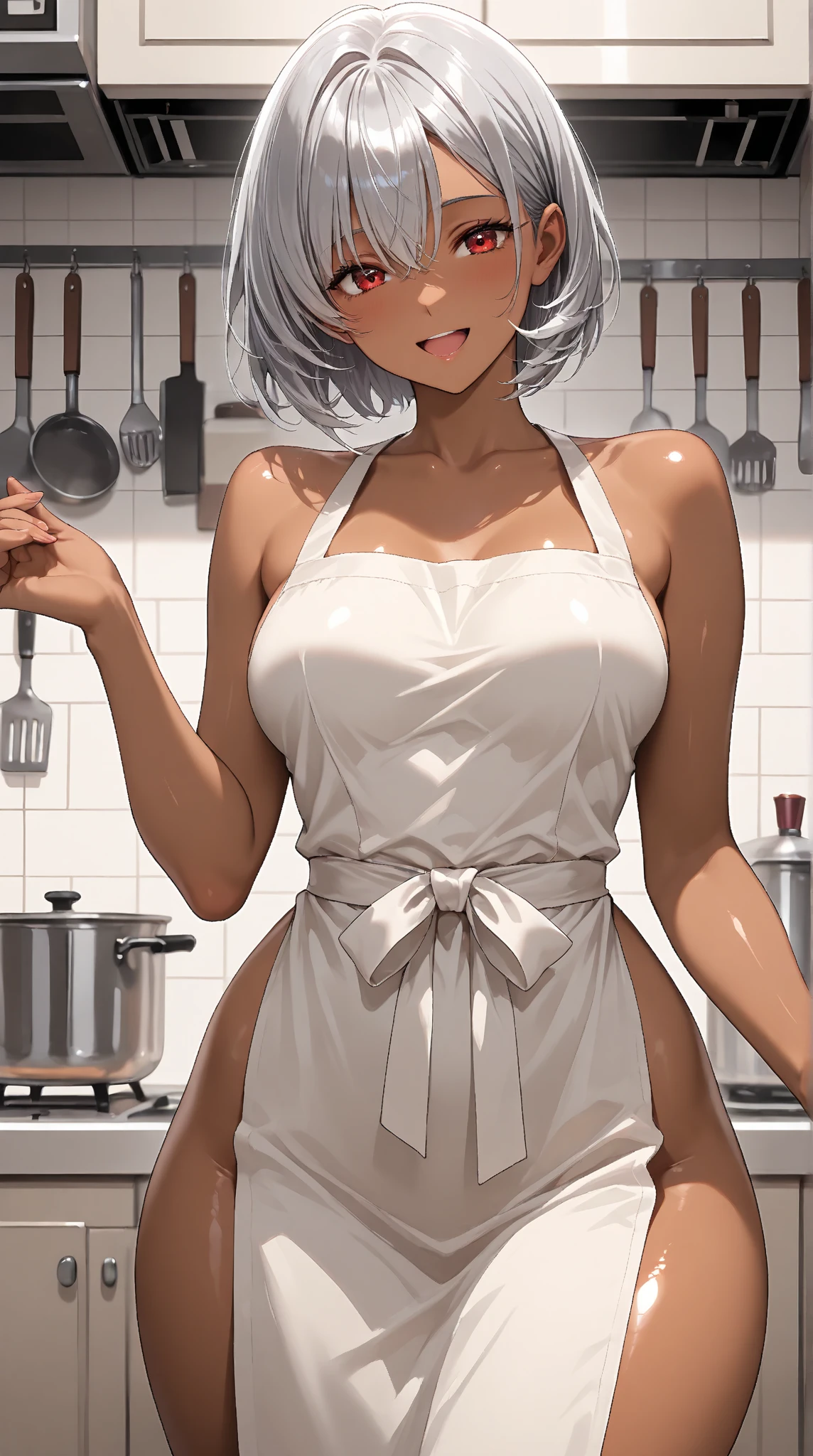 (nsfw:1.5), ((((masterpiece, best quality, high resolution)))), 1girl, white hair, purple eyes, bob cut, wavy hair, average breasts, blush, light smile, parted lips, glow, thighs, bare shoulders, collarbone, narrow waist, cleavage, (masterpiece), (beautiful detailed face, beautiful detailed eyes), (naked apron, kitchen, arms behind back,)