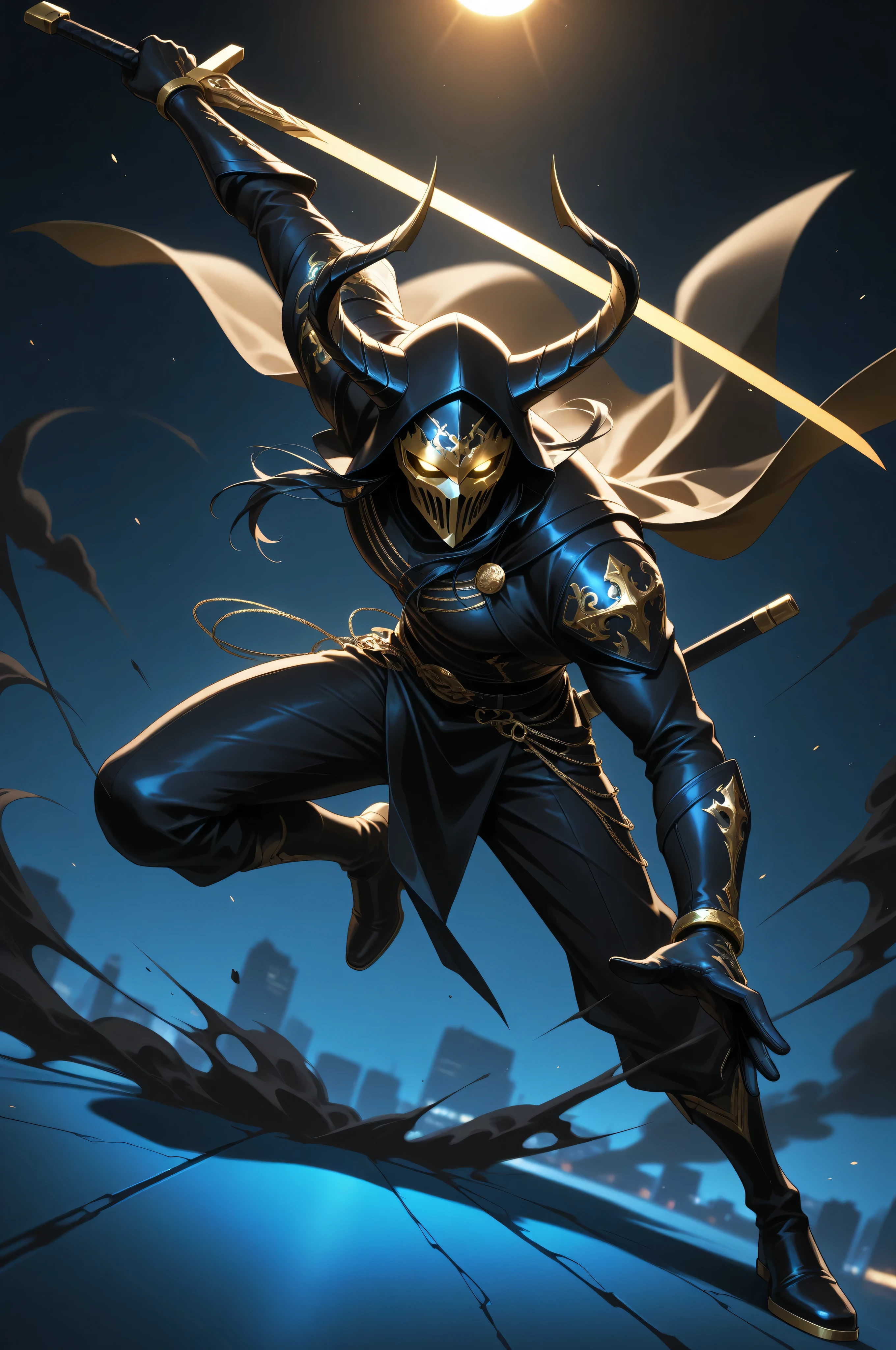 (masterpiece, best quality, absurdres, highres), amazing quality, very aesthetic, volumetric lighting, digital art style, drawn aesthetic, concept painting, ultrahigh definition, dark blue lighting, detailed, intricate details, red low key lighting, newest,1boy, male focus, mask, gold and black theme, simple background, blue background, dynamic pose, action pose, black hair, black attire, urban wear, gold, jewelry, horns, golden eyes, eyelashes, looking at viewer, smoke, glowing eyes, action shot, dynamic pose, high angle, full body, black smoke, chaos, holding sword, image depth, dynamic angle, long cape, cap, foreshortening, blurry background, dark lighting, dark background, dof, depth of field, detailed line work, low key, dramatic lighting, dark theme