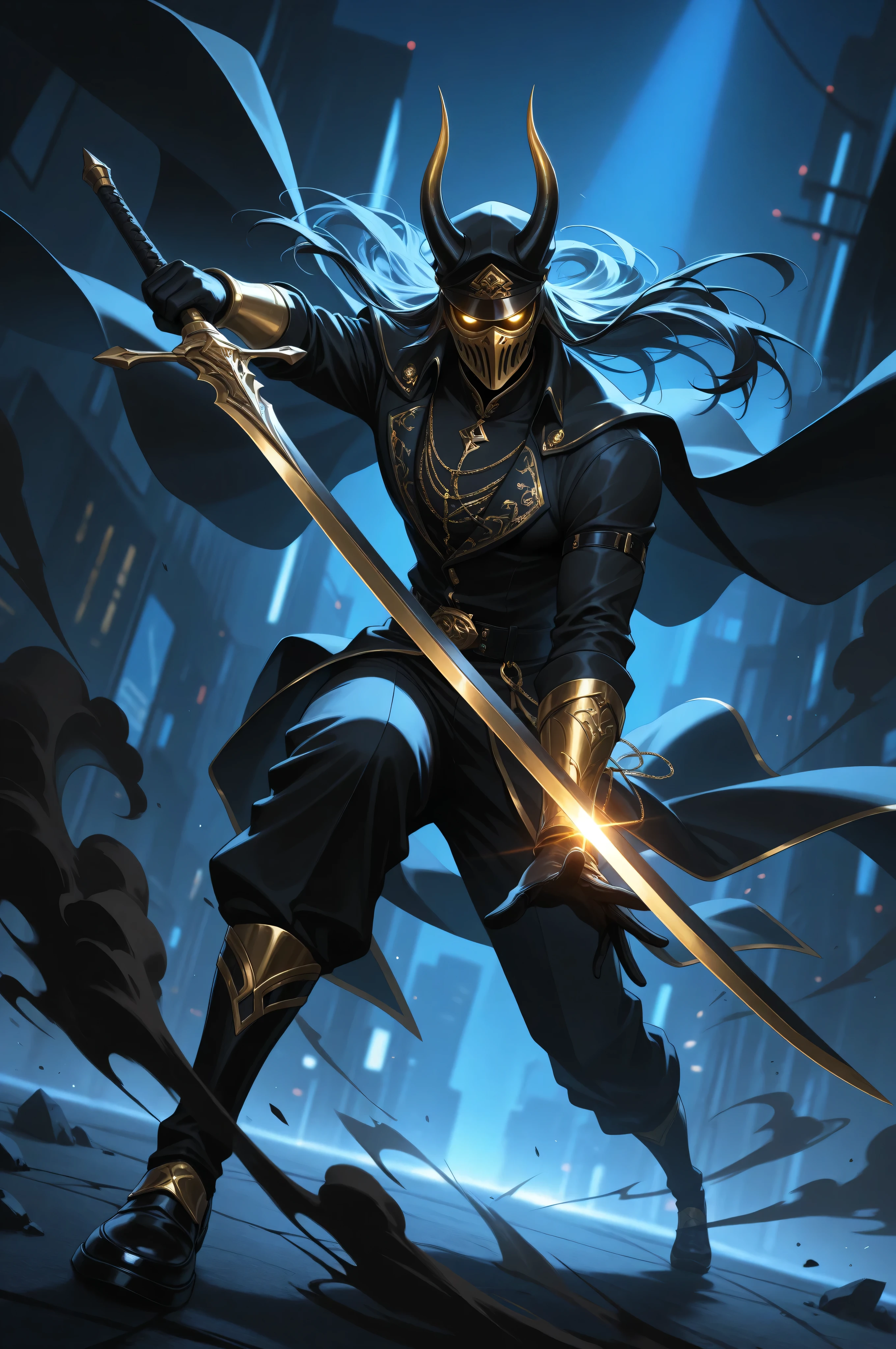 (masterpiece, best quality, absurdres, highres), amazing quality, very aesthetic, volumetric lighting, digital art style, drawn aesthetic, concept painting, ultrahigh definition, dark blue lighting, detailed, intricate details, red low key lighting, newest,1boy, male focus, mask, gold and black theme, simple background, blue background, dynamic pose, action pose, black hair, black attire, urban wear, gold, jewelry, horns, golden eyes, eyelashes, looking at viewer, smoke, glowing eyes, action shot, dynamic pose, high angle, full body, black smoke, chaos, holding sword, image depth, dynamic angle, long cape, cap, foreshortening, blurry background, dark lighting, dark background, dof, depth of field, detailed line work, low key, dramatic lighting, dark theme