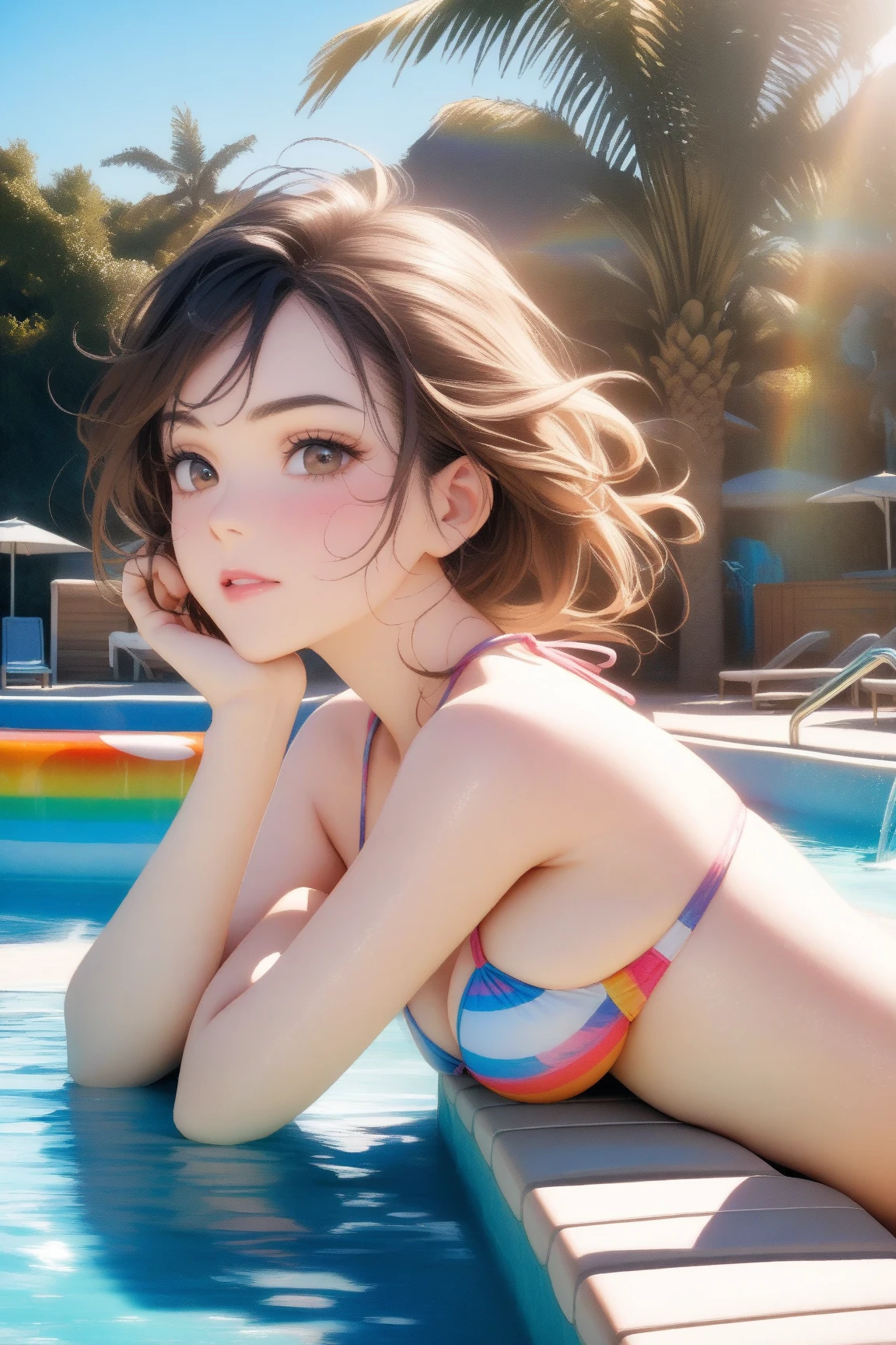 realistic, photo, beautiful, masterpiece, best quality, 1girl, solo, sam yang, swimmer, bikini, stylish bikini, small breast, cleavage, tan line, portrait shot, looking at viewer, detailed face, detailed eyes, detailed hair, partially submerged, outdoor pool, wet skin, wet hair, intricate details, shadow, lighting, ray tracing, high quality water, realistic water, HD, 4k