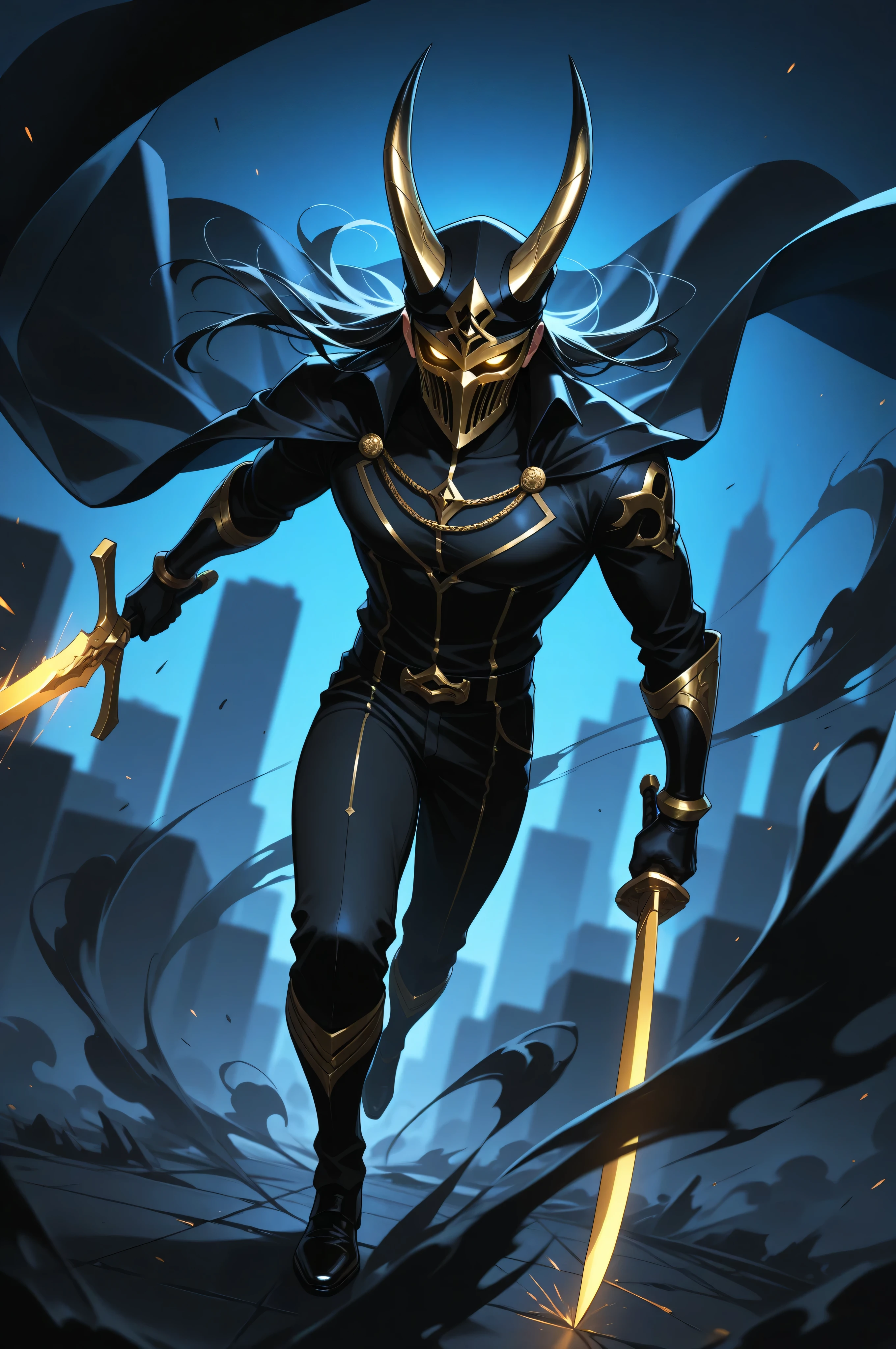 (masterpiece, best quality, absurdres, highres), amazing quality, very aesthetic, volumetric lighting, digital art style, drawn aesthetic, concept painting, ultrahigh definition, dark blue lighting, detailed, intricate details, red low key lighting, newest,1boy, male focus, mask, gold and black theme, simple background, blue background, dynamic pose, action pose, black hair, black attire, urban wear, gold, jewelry, horns, golden eyes, eyelashes, looking at viewer, smoke, glowing eyes, action shot, dynamic pose, high angle, full body, black smoke, chaos, holding sword, image depth, dynamic angle, long cape, cap, foreshortening, blurry background, dark lighting, dark background, dof, depth of field, detailed line work, low key, dramatic lighting, dark theme