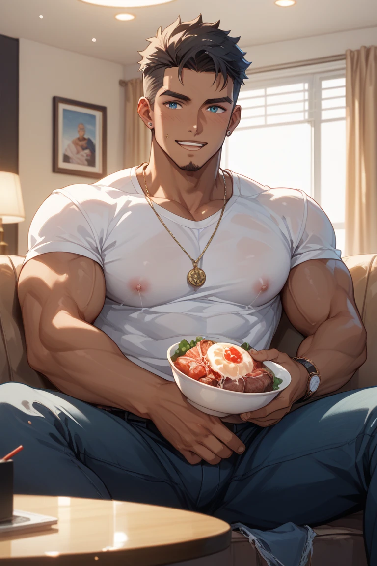 Handsome man sitting and eating fried chicken