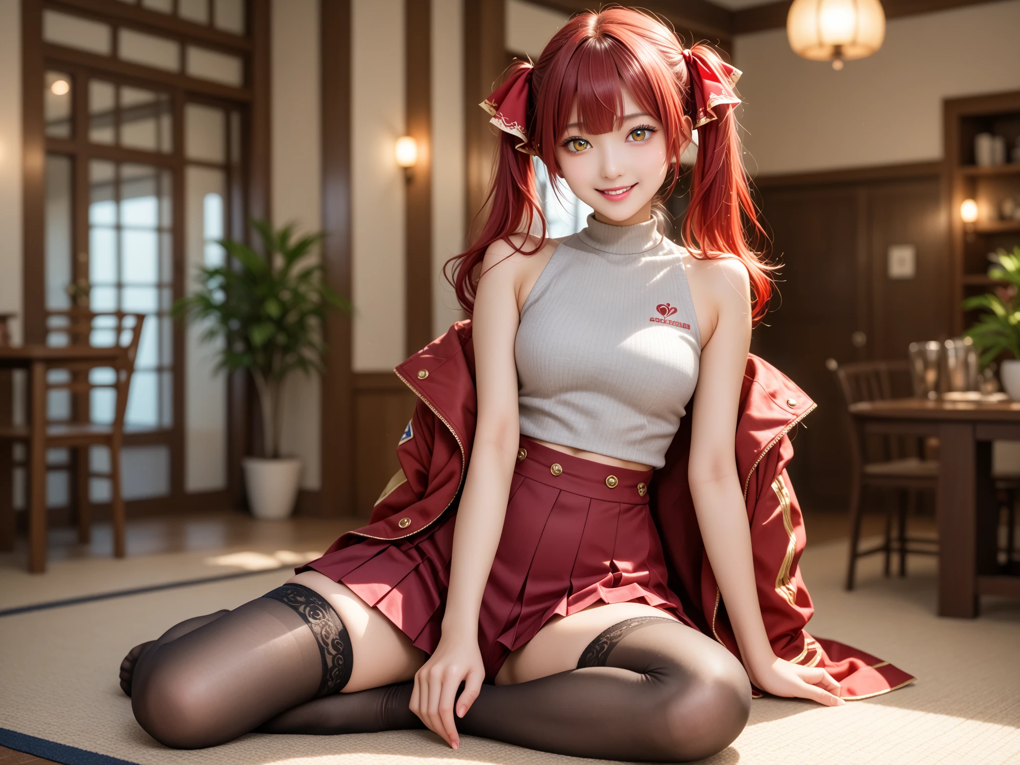 Masterpiece、best quality、full body、(1 Japanese Red-haired cat-eared girl)、(Canine teeth are developed)、(cute face)、(A big smile)、(beautiful bare leg)、(sitting in the sofa)