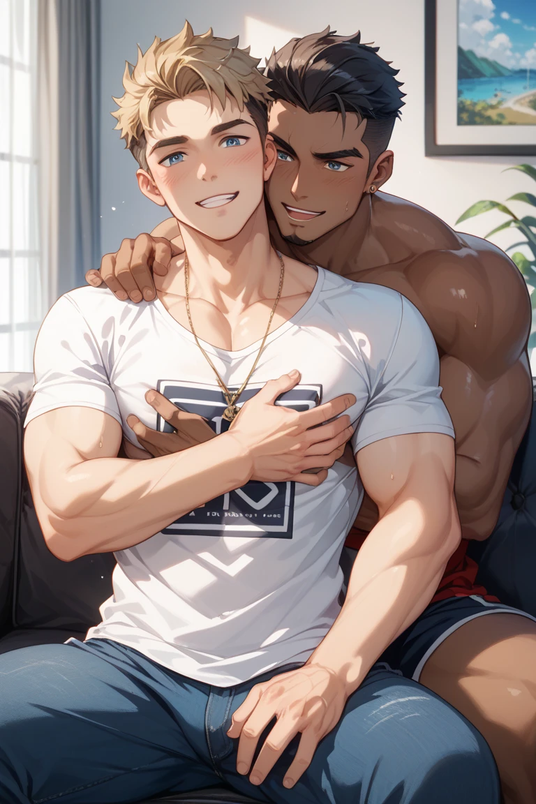 Two characters in the scene. Two identical teenage twin brothers, both with mischievous smiles, slim and muscular bodies, pretty faces, honey-colored eyes, oily and shiny skin,
the twin on the right with short black hair in a pompadour, the twin on the left with short white hair combed to the side. They are standing inside a teenage bedroom, with their backs bare, wearing small swim trunks with their hands on the waist of the other in underwear and with a huge bulge in the groin.