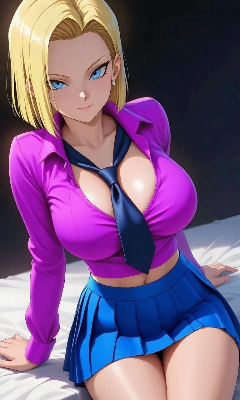 Anime girl with big breasts standing in living room with purple furniture, Ecchi anime style, beautiful alluring anime teen, Seductive Anime Girl, cell shaded adult animation, full-body close-up shot, Blonde, highly detailed full body, highly_Detailed!!, Realistic Schoolgirl, Smooth Anime CG Art, realistic anime 3 d style