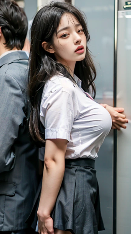 (NSFW:1.4)、one Japanese girl, (a beauty girl, delicate girl:1.3), (15 years old:1.0), break, (summer、 tie、skirt、cute uniform:1.3), break, (full housetrain:1.3), break, very fine resolution, (symmetrical eyes:1.3), break, small breasts, brown eyes, parted bangs, brown hair, girl, break, (Eye and face details:1.0) break, (masterpiece, highest quality, super detailed, detailed face, 8K)、clothes are torn、(Nipples visible through gaps in clothes:1.4)、slouch、stand、stand facing the window、Place your chest against the flat glass、study、Holding a pencil、Girl looks at notebook、write in notebook、(blush、cry)、(lots of guys behind、full house、molestation、train、The woman thrusts out her chest、An elderly man pushes a woman、Man takes off his pantan licks、A man touches a woman&#39;s buttocks from behind:1.4)、photograph、reality、Hands forward、The woman holds a transparent board in both hands、The woman holds a board in front of her chest