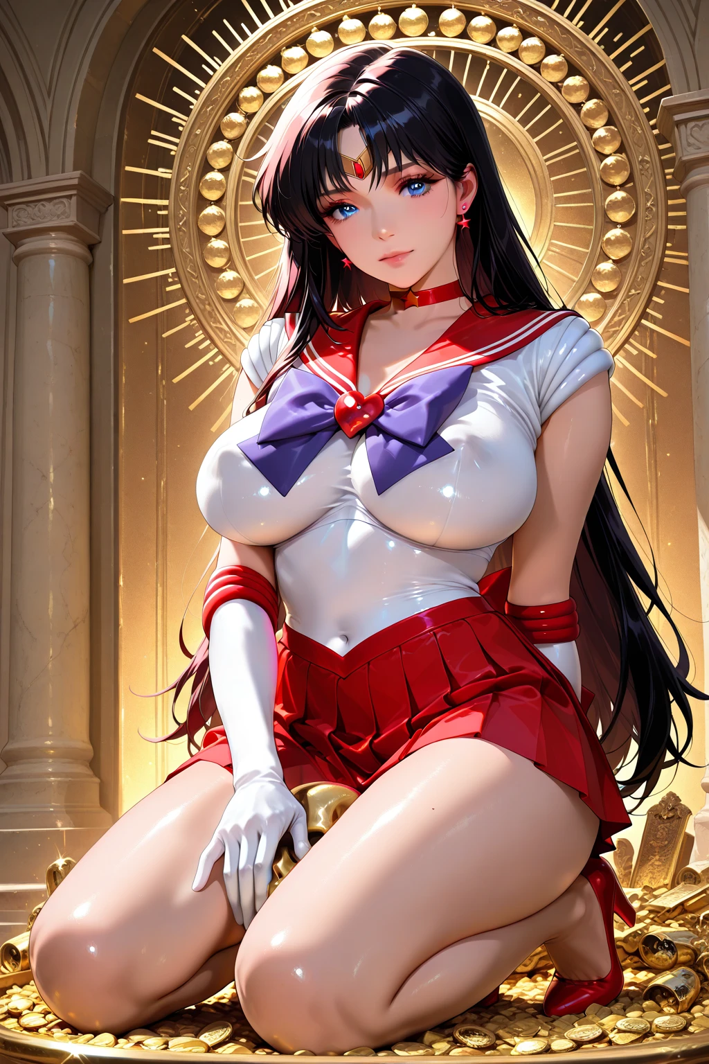 (Detailed Hair), (masterpiece), (highest quality), (Very detailed), Focus your eyes, Detailed face, Perfect Anatomy, Perfect lighting, (Intricate details), (Depth of written boundary), One girl, whole body, (((Sailor Mars))),詳細なSailor Marsのコスチューム, background: Two-storey building,, (((Sitting cross-legged))),whole body,Detailed hand,Detailed five fingers,detailed costumes, Sit down and,On the bed,(((Detailed and detailed right hand fellatio gesture))),White Satin Gloves Black Hair Detailed camel toe,(((smile))),Red collar,A sadistic expression,(((Hold the right hand))),Big long red skirt