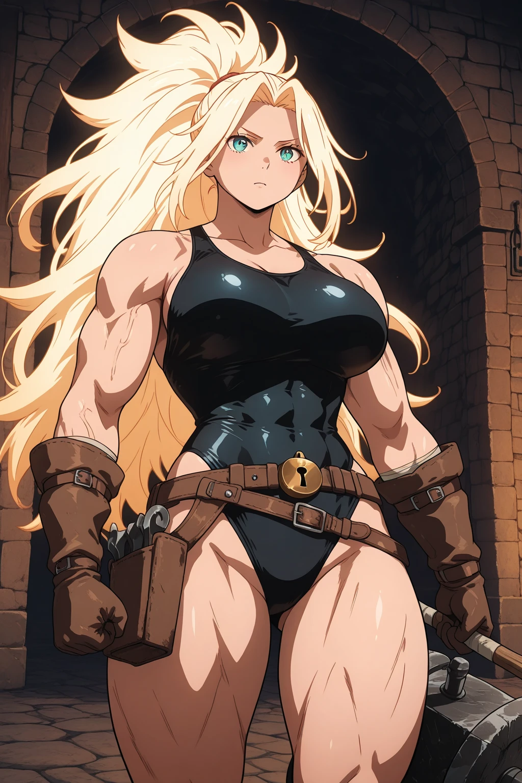 (masterpiece, best quality:1.2), 1girl, looking at viewer, amazon, dragons crown, bikini armor, expressionless, holding halberd,  armlet, muscular female,  breasts, black gloves, gloves, thighs, (thick thighs, large ass:1.1), tattoo, navel, obliques, long hair, cleavage, swimsuit, feather hair ornament, blonde hair, abs,  circlet, large breasts, feathers, turned around, bent over, cameltoe, (dungeon, murky, fantasy setting, brick walls:1.1)