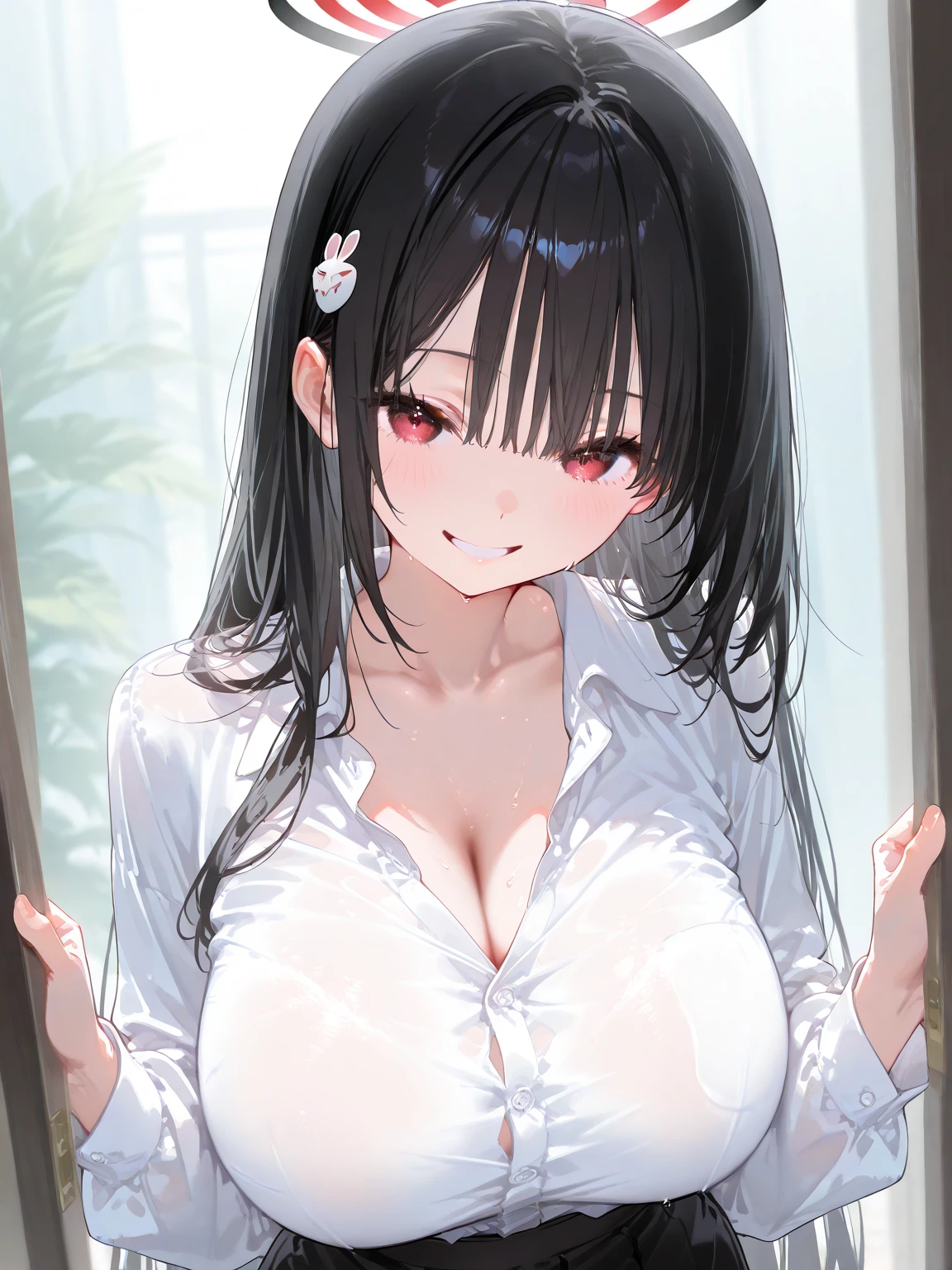 1girls, arms behind back, rain, seductive, (4K,realistic,highres,absurdres,masterpiece:1.2),((cinematic lumination)),deep depth of field,charming face,bloom,white dress,(covered nipples:0.9),big sagging breasts,(smiling:0.6),young female, looking at the viewer, white skin, ((slim, skinny)), ((wet skin, sweat)), high heels, detailed red eyes