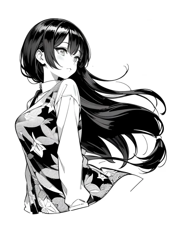Masterpiece, best quality, (detailed background), high contrast, 1 girl, full body, (white background: 1.5), clean line drawings, black hair, open shirt, very long hair in bed, best quality, blush, roll your eyes, look at the audience, teacher, big seduction, busty body, 8K, open chest dress sexy
