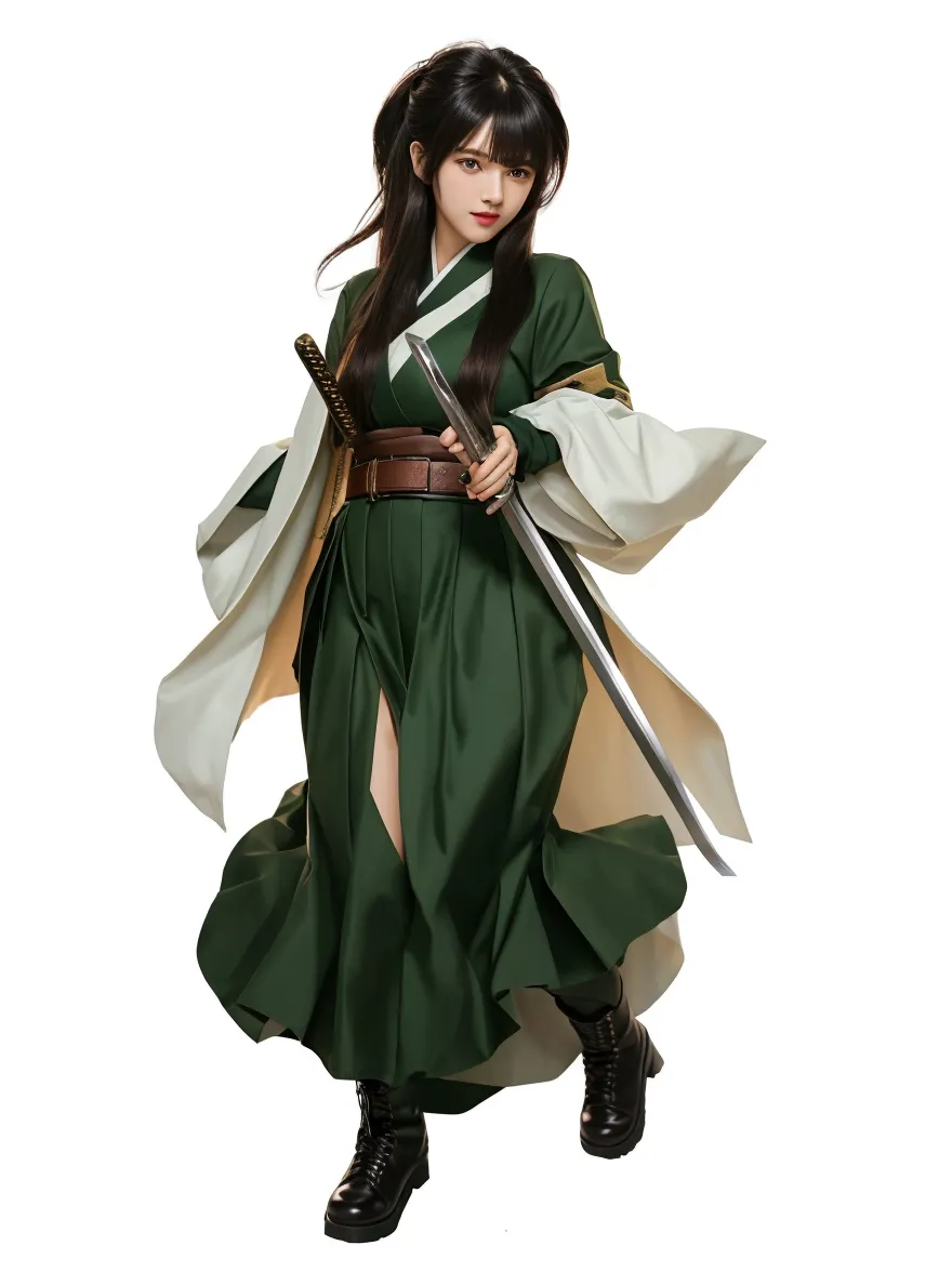 A girl in a white-green dress holds a sword，Girl all over, White skin,Under lightning, Palace，Chinese-style architecture，Girl in green in Hanfu, Hair and robes flowing, photorealestic，storming，Flowing robes，very vey very detailed face
