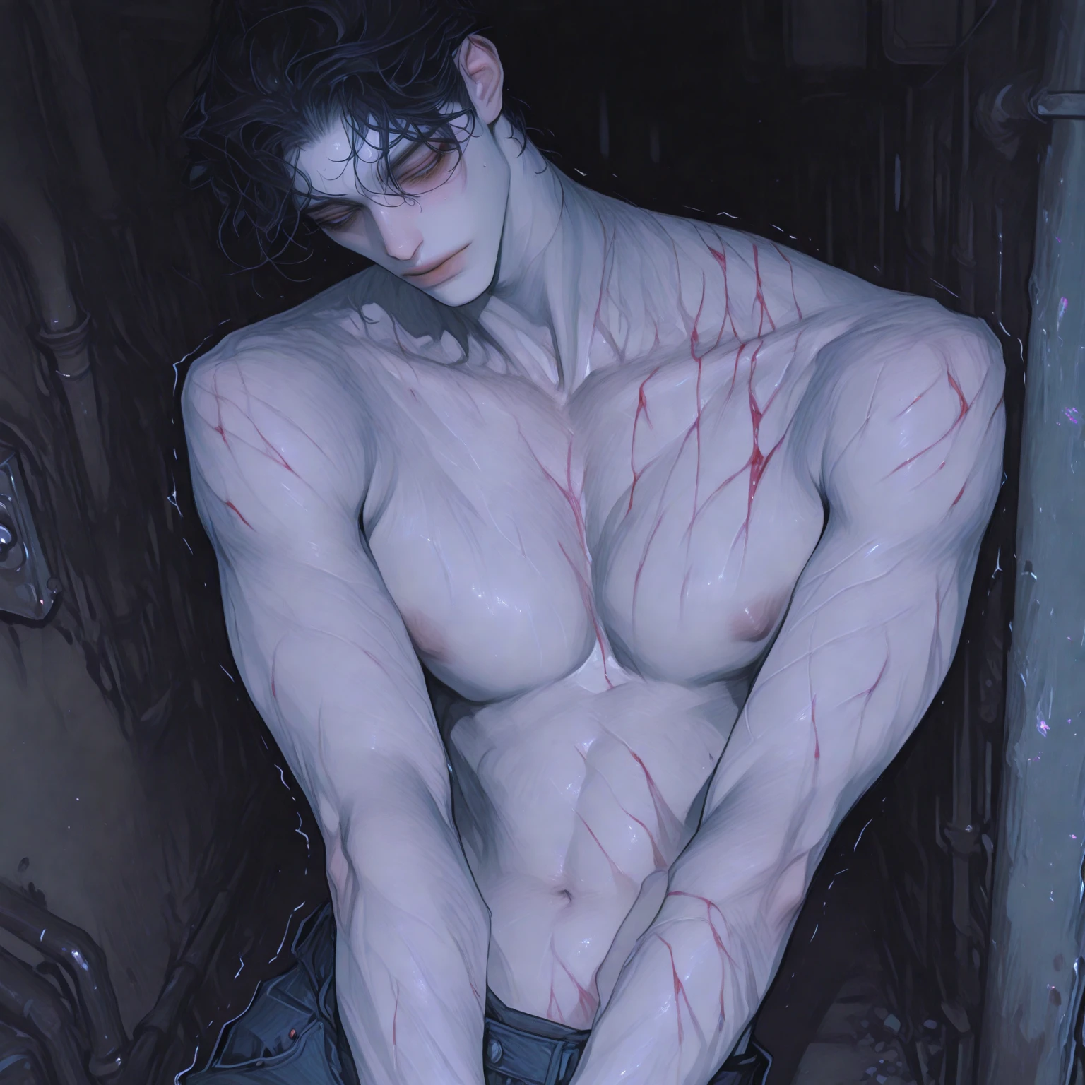 (8K, RAW photo, Highest quality) full-body shot, (((blue eyes:1))), (((19 years old:1.5))),white pale skin, (((short black messy hair:1.7))), (((evil look:1.9))), (((angry:1.3))), (((vamopire:1.6))), (((pale skin:1.8))), (((:1.5))), short hair, dark hair, night, dark atmosphere, dark night, horror, spooky, skulls in the background, low angle shot, Realistic, (((fully naked:1.5))), nude, (((1 perfect penis:1.3))), 1 amazing penis, (((1 nice penis:1.2))), 1 beautiful penis, 1 great penis, 1 male penis, mal scrotum, perfect scrotum, male structure, male genitalia, (((handsome:1.4))), frontage, Intricate details, Extremely detailed eyes and eyelashes, Muscular male, Manly, (((masculine:1.4))), (((dynamic pose:1.1))), ((movement pose:1.1))), Soft lighting, Cinematic lighting, Portrait, Exposing the pectoral muscles, gay male model, muscular, ripped, defined body, Digital SLR, hyper qualit, Fujifilm XT3, Crystal clear, 8K UHD, High detail, Ultra photo realsisim, haar, ((Realistic skin), ((pores)), ((highdetailskin)), volumettic light, groin, far, complex 3D visualization, high detail, 1 handsome young man (nsfw) looking at the viewer (Pureerosface_V 1:0.6), pure, genuine human skin , (bare chest), muscles, vivid details, hyperrealistic, beautiful background, octane rendering, best quality, masterpiece, extremely detailed, computer graphics, unity, wallpapers (realistic, photorealistic: 1.37), stunning, fine details, masterpiece, best quality, official art, extremely detailed CG unity 8k wallpapers, (((Full Body))), ((Correct body structure)), (((Correct dissection))), (((Depth of field:1.5))), (((blue color correct:1.4))), (((low saturation color correct:1.5)))