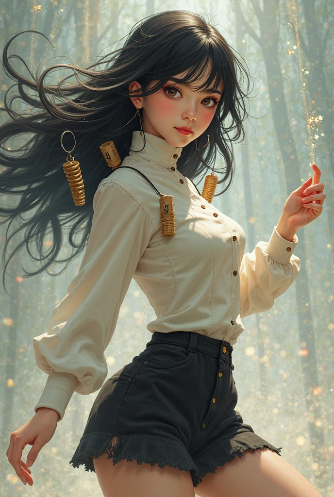 trony, green eyes, black hair, low twintails, very long hair, hair ornament, kamaboko, bangs, choker, jacket, off shoulder, white shirt, white shorts, thigh strap,9,score_8_up,score_7_up,masterpiece,best quality,perfect anatomy,very aesthetic,official art,8k,shiny_skin,fair_skin,white_skin, Идет по Улице с Улыбкой