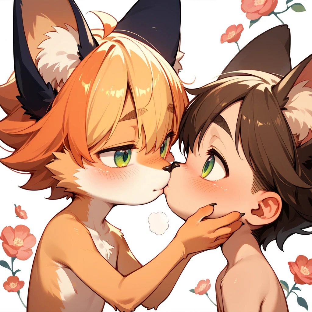 kemoshota, naked harness, 2 boys, full body harness, chest harness, snow, dynamic angle, deer boy and reindeer boy, reindeer body features, heavy breath, naivety, innocent, collar with a bell, sweat, sweat drops, short statue, short height cub boys, baby boys,  8 years old body features, asking out, huddle, Shota , mascot boys, harness training, boys love, 
