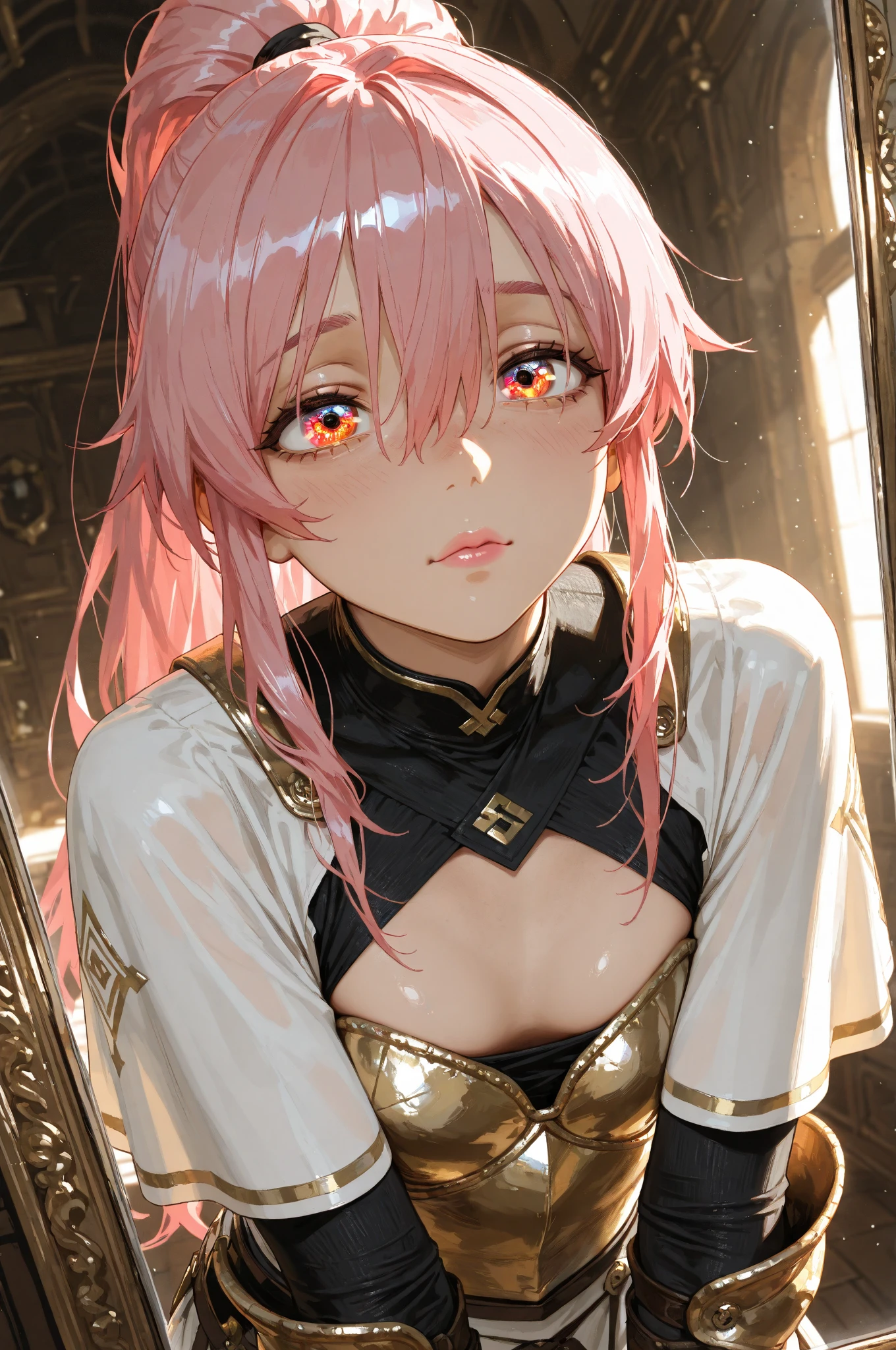 breast milk laTte, Tt_flat, topless, topless, topless, Small breasts, Small breasts, Small breasts, scarlet_a, red eyes, dark pink hair, long hair, parted bangs,big breasts, tiara, black choker, earrings, bracelet, gem, magical girl, red dress, red sleeves, wide sleeves, detached sleeves, skirt, red legwear, Akagi Towa, long hair, pink hair, parted bangs, red dress, magical girl, tiara, red sleeves, detached sleeves, skirt, earrings, Half-taken off school swimsuit, Nipples are visible through the bra, Nipples are visible through the bra, Nipples are visible through the bra, Large nipples, high quality, high detail, beautiful, high resolution, 8K, Super detailed,