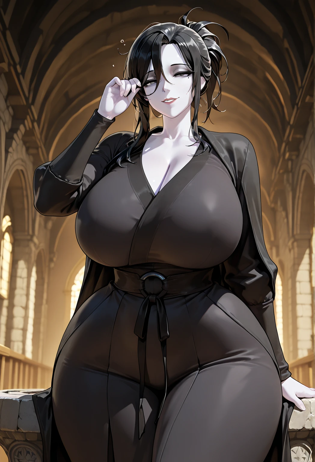 Goth, huge chest, tall woman, long dress, long dress, body of venus, mature female,1character ,1girl, walking, village, europe, france, 1girl, medieval