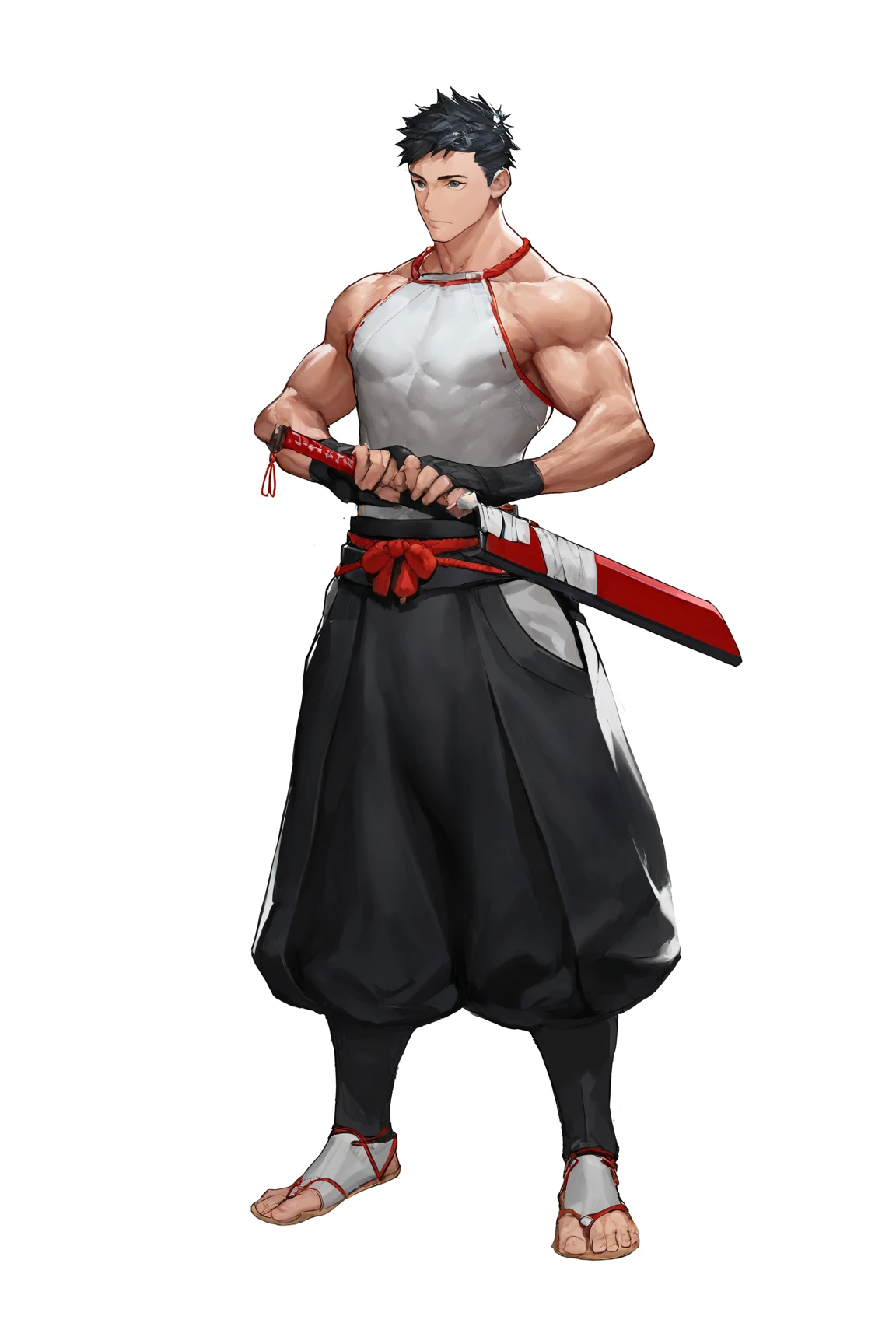 Concept ART Versions , Human Male , Japanese Fighting Clothing , cybernetic leg ,Pants , yellow short hair ,Barefoot ,