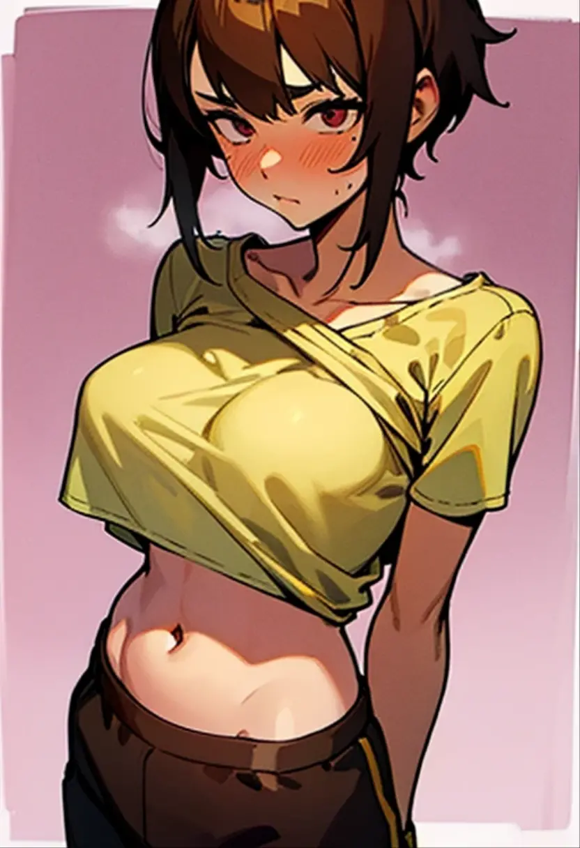 Slender beautiful girl、perfect proportion、Hair in two ponytails、10th Generation、Dark brown skin、Big Eyes、A smiling face、wink、Dreadlocks tied in two ponytails、Fluffy 、Big round eyes、Forehead、Beautiful clavicle、Large Breasts、White loose soft fabric sports bra、Baggy work trousers、Off-the-shoulder Sukajan、Underwear made of thin, soft fabric、Grove、Underboob、背が高い