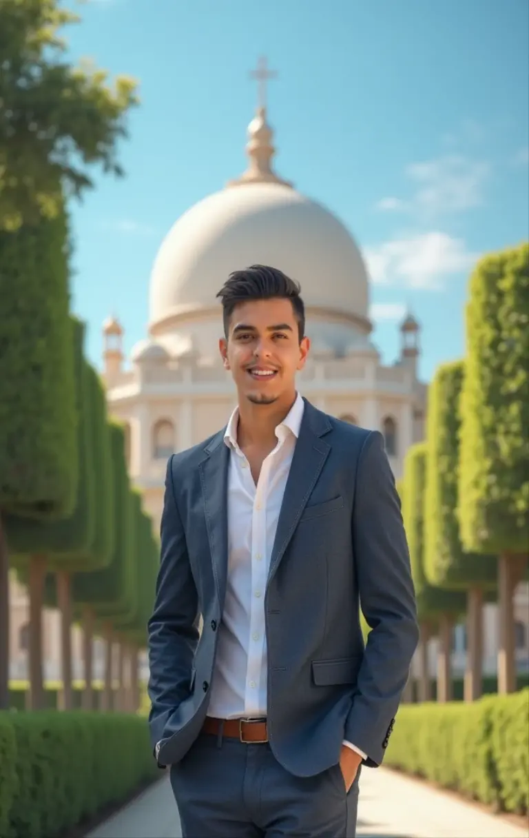 17year old Indian boy handsome wearing formals posing for Nadeem beautiful masjid in background