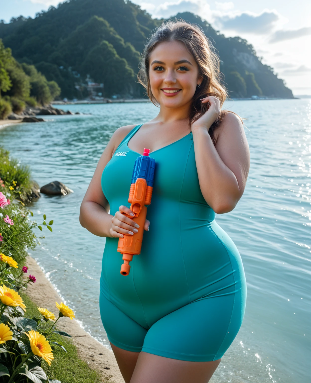 fat ssbbw curvy bottom heavy pear shaped wide hiped british women, 30 brunette, they are standing together in the pool, they are wearing floral one piece, swimsuits , view from behind, they are stuck in pool floaties, they are laughing together 