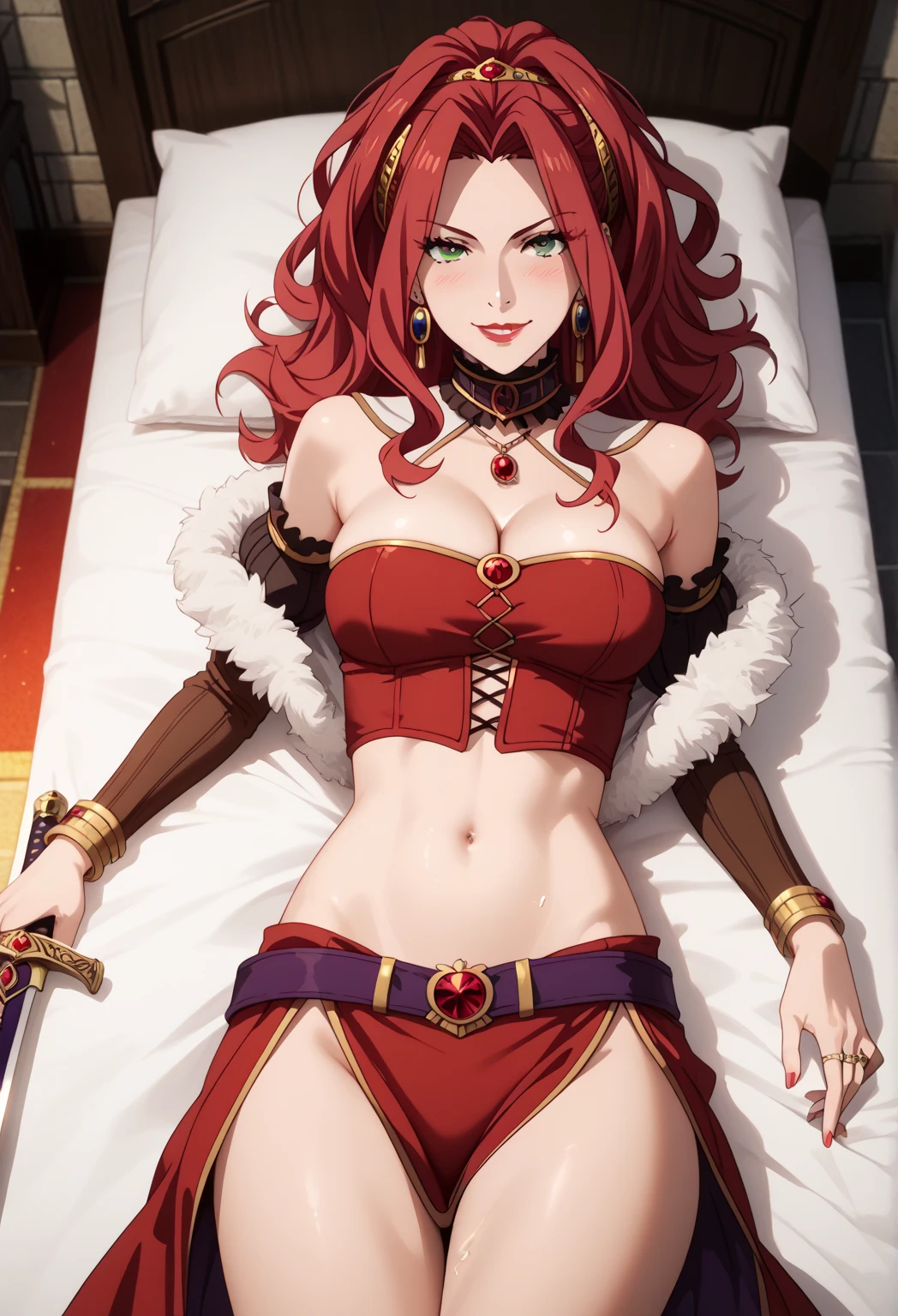 bitch medium breasts, red hair, beautiful face, green eyes, evil smile, blush, lipstick, evil smile, fur trim, mature female, masterpiece, best quality, highly detailed, a anime girls in long dress with navel cutout, (nsfw) not safe for work, revealing dress, beautiful dress center opening , long dress with bellybutton showing, ecchi anime style, anime girls, ecchi style, ecchi, digital anime art, anime style 4 k, exposed navel, exposed bellybutton, darkly tanned skin anime woman, necklace, belly chain, belly piercing, (long hair), starving, (resting hands on the stomach), (hands on the stomach), (slim body), lying down, resting hands on top of the tummy, tummy ache, hands tightly clutched on the abdomen.