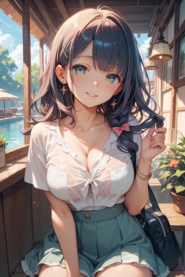 ((highest quality)) ((masterpiece)) (detailed) Perfect Face Pull up your hair and drink water garden White bra skirt